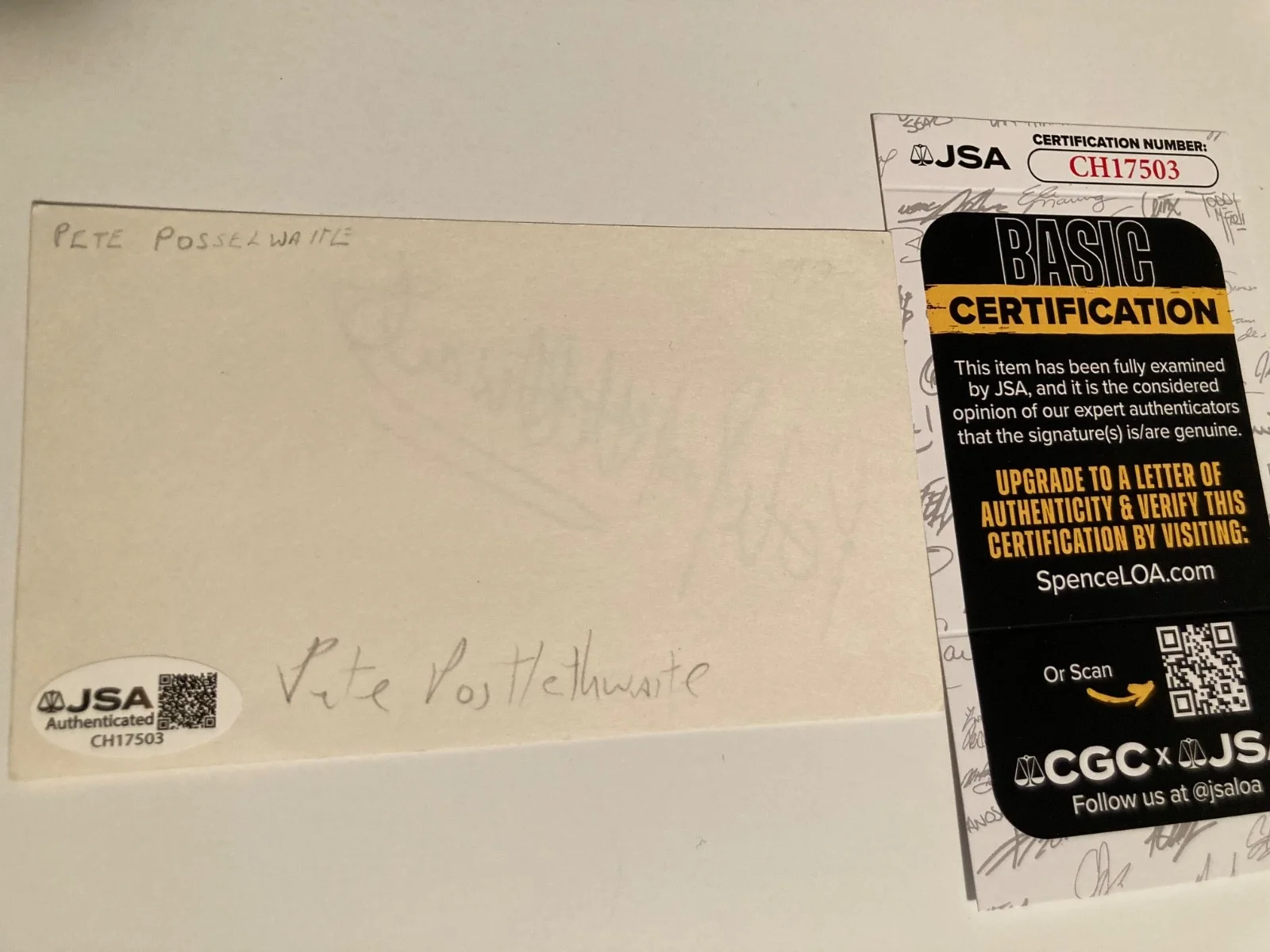 PETE POSTLEWAITE — PETE POSTLEWAITE signed 3x5 card "THE USUAL SUSPECTS", "ALIEN 3" JSA #CH17503, image 2