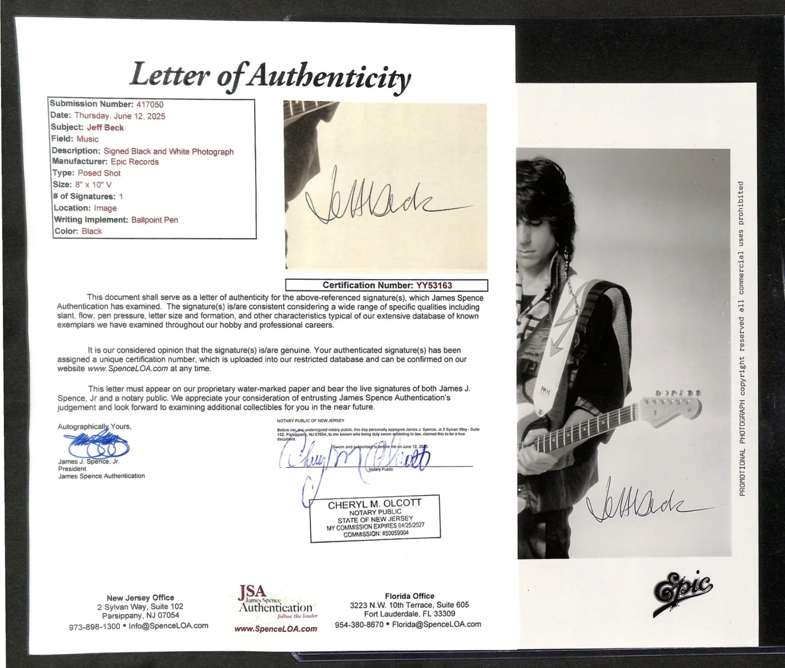 Jeff Black 8"x10" Photograph Autograph Epic Records JSA Authentic, image 2