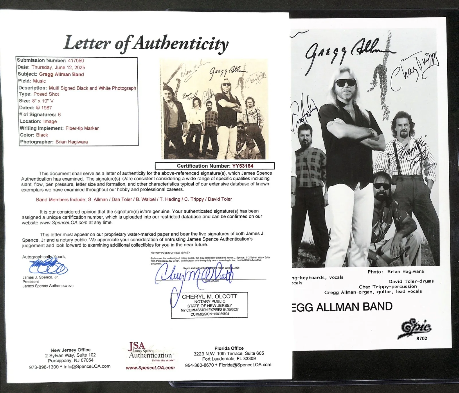 Gregg Allman Band 8"x10" Photograph Autograph JSA Authentic, image 2