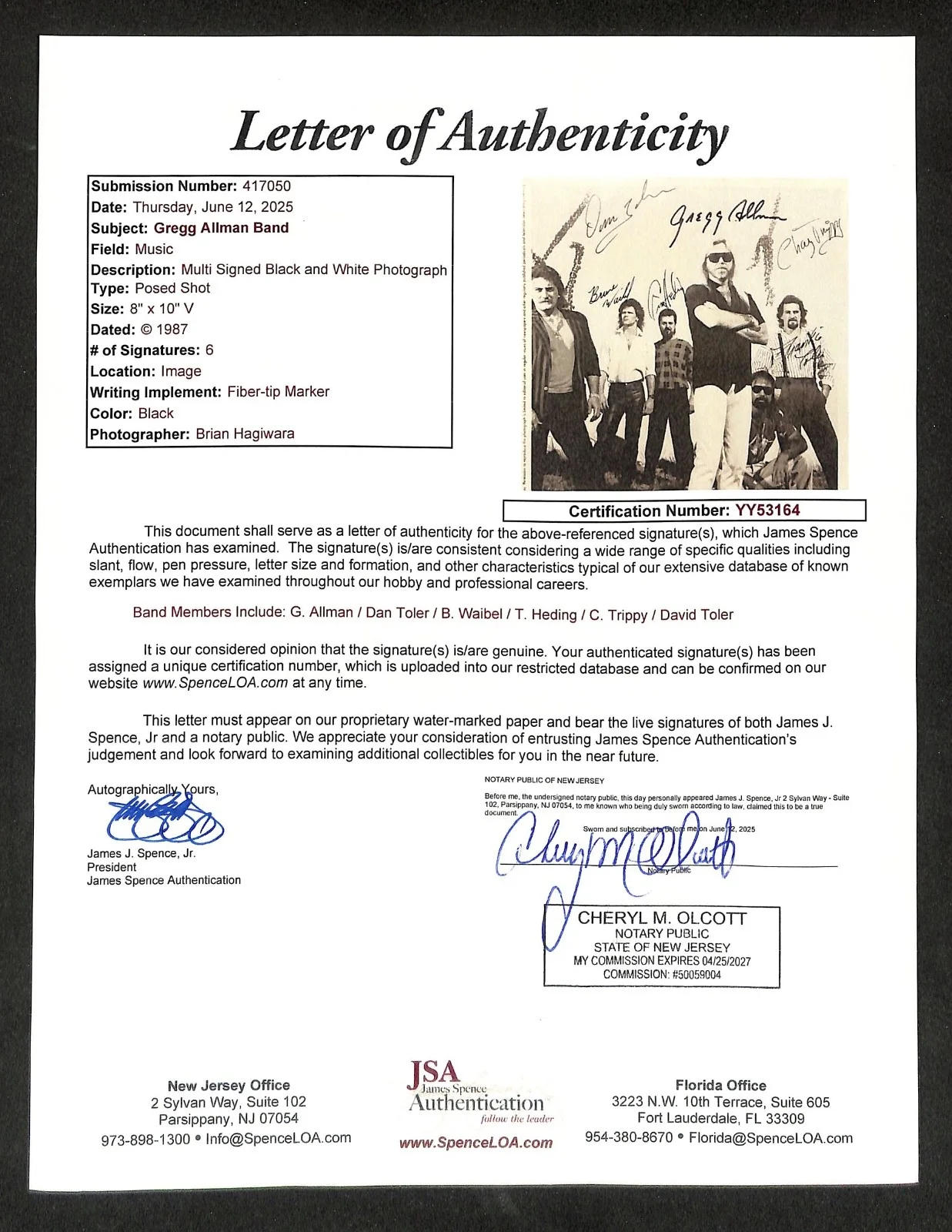 Gregg Allman Band 8"x10" Photograph Autograph JSA Authentic, image 3