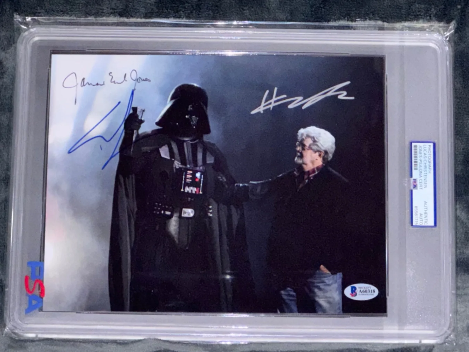 Hayden Christensen, George Lucas, James Earl Jones — Signed STAR WARS George Lucas James Earl Jones DARTH VADER Photo 8X10 Auto PSA