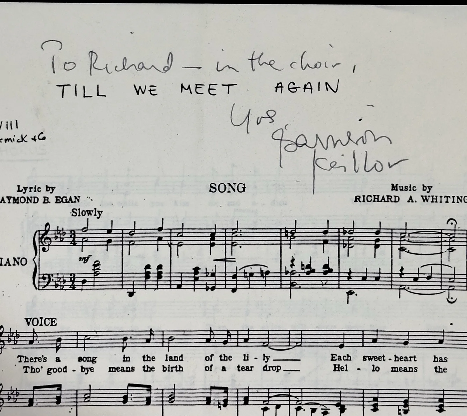 Garrison Keilor signed sheet music, image 2