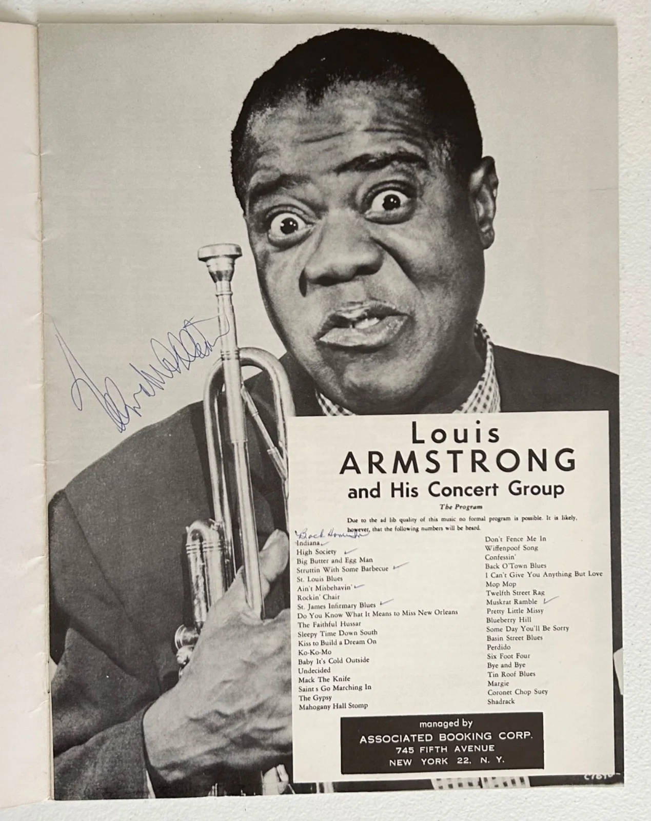 Rare Louis Armstrong SATCHMO Autographed Program w/ Velma Middleton - Roxy 1957, image 2