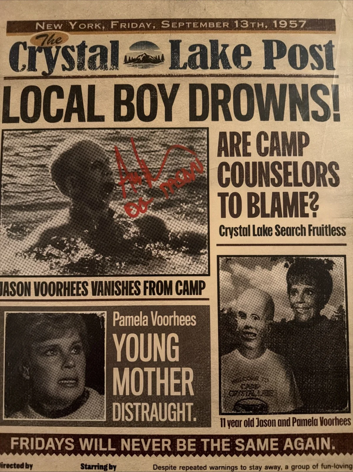 Ari Lehman Signed Jason 1 “Crystal Lake Post“ Newspaper Article Print, image 2