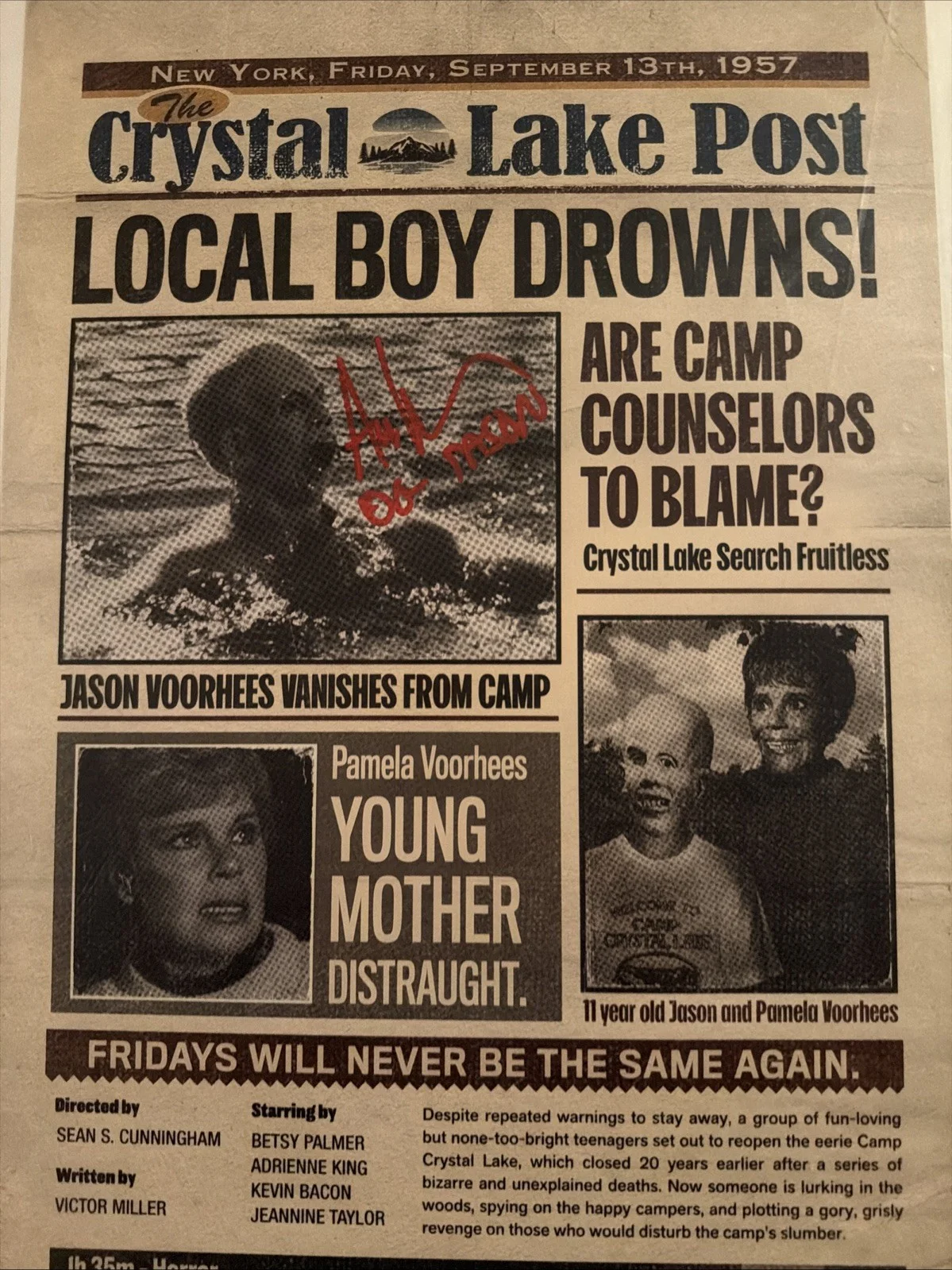 Ari Lehman Signed Jason 1 “Crystal Lake Post“ Newspaper Article Print, image 3
