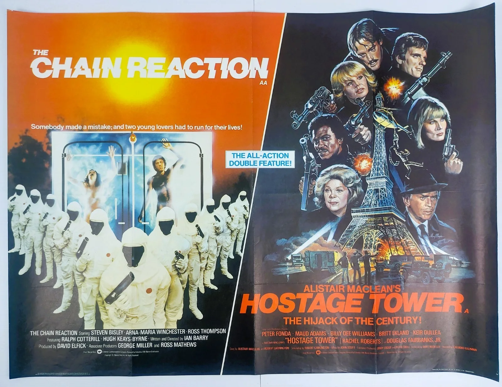 THE CHAIN REACTION / HOSTAGE TOWER ORIGINAL UK QUAD MOVIE POSTER 1980, изображение 2