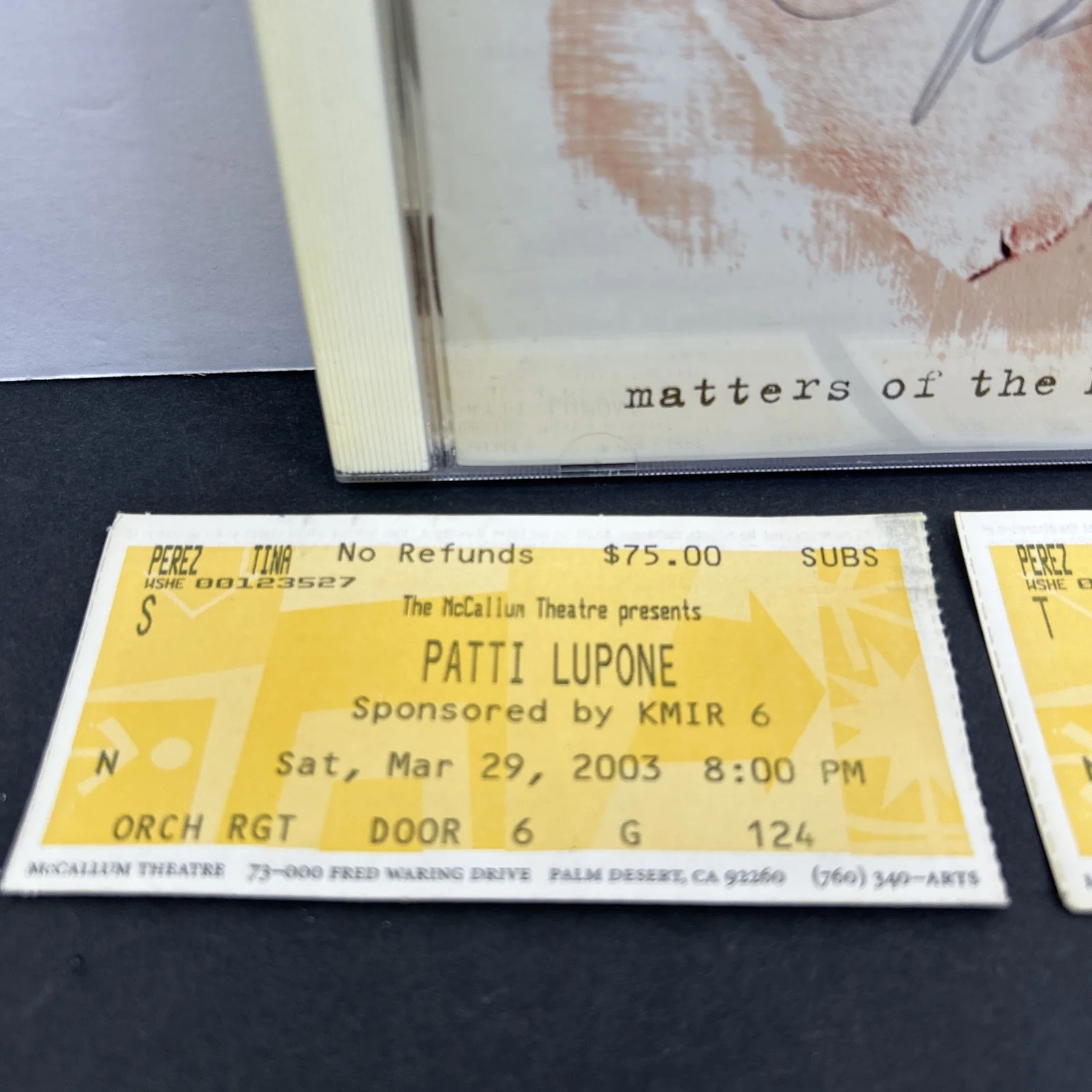 SIGNED PATTI LUPONE MATTERS OF THE HEART CD + TICKET STUBS FROM THE SHOW, изображение 3