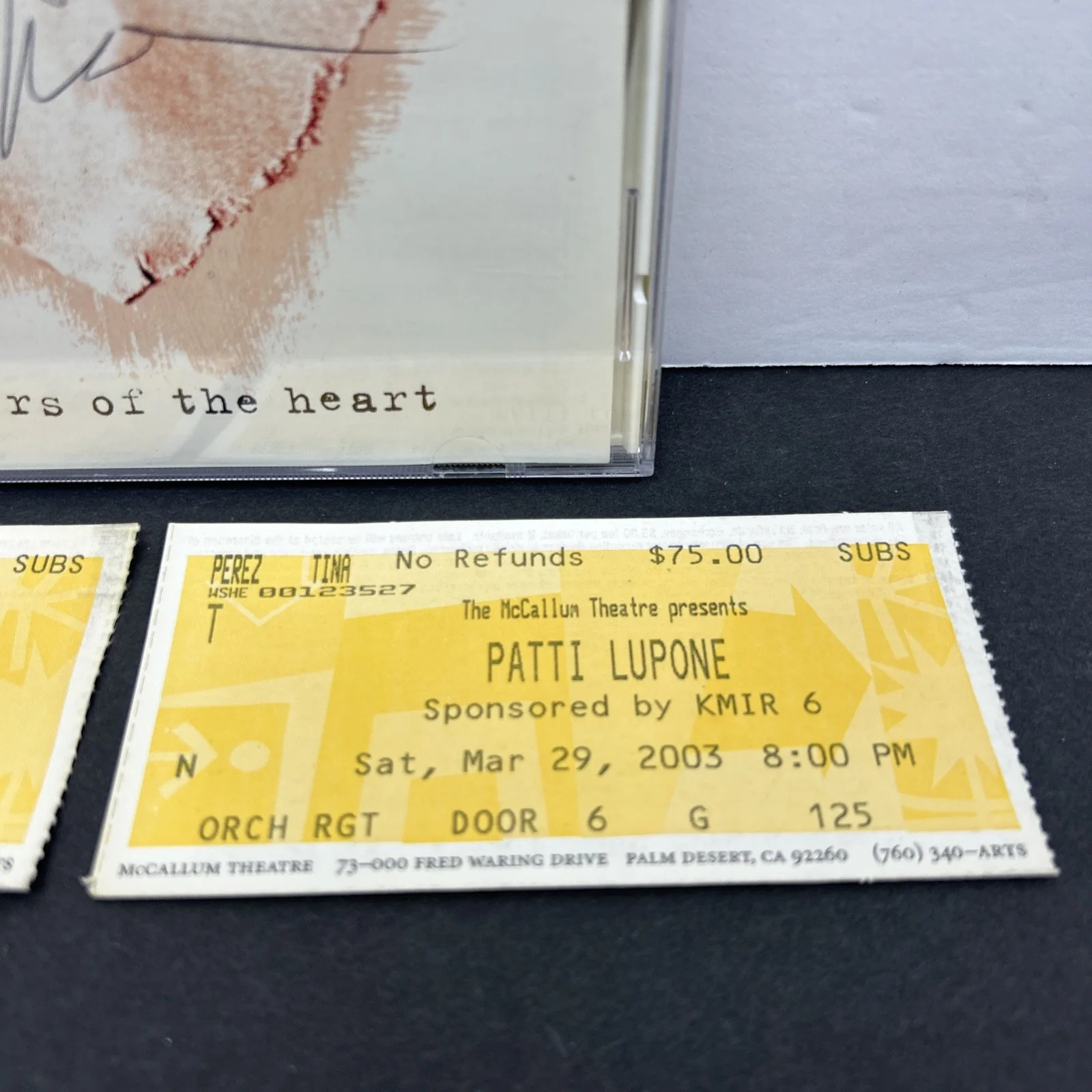 SIGNED PATTI LUPONE MATTERS OF THE HEART CD + TICKET STUBS FROM THE SHOW, изображение 4