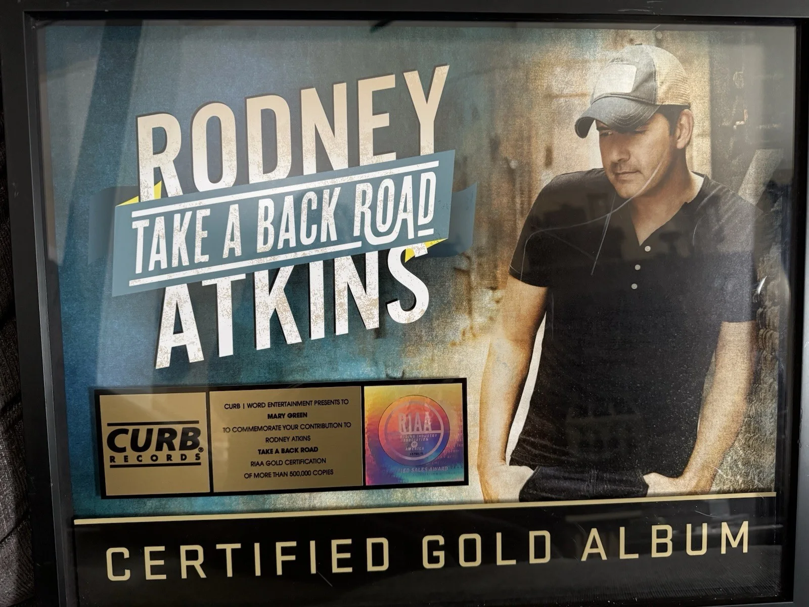 ‘Rodney Atkins Framed RIAA Award For ‘Take A Back Road’ - Rare!, image 2