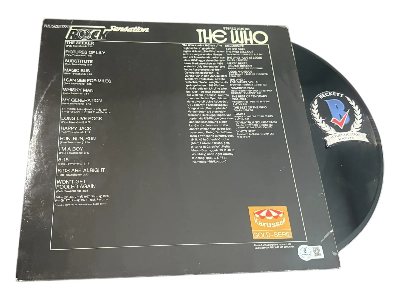 PETE TOWNSHEND SIGNED AUTOGRAPH THE WHO THE GREATEST ROCK SENSATION VINYL BAS, image 2