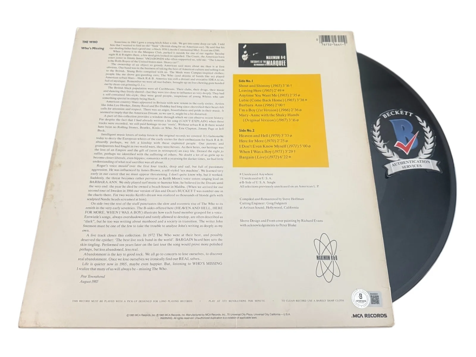 PETE TOWNSHEND SIGNED AUTOGRAPH THE WHO WHO'S MISSING ALBUM VINYL LP BECKETT BAS, изображение 2