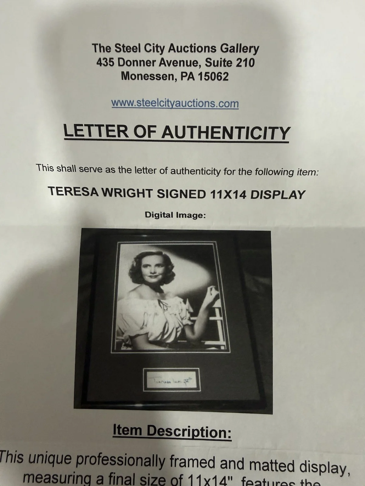 Teresa Wright - Signature, Photo With COA 11X14 Picture Frame., image 4