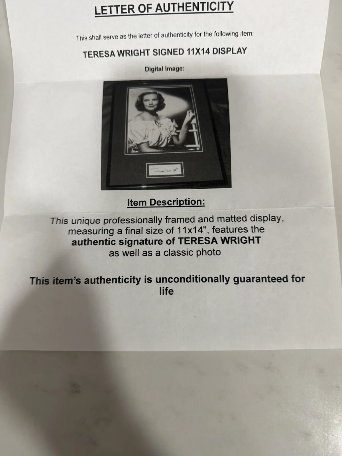 Teresa Wright - Signature, Photo With COA 11X14 Picture Frame., image 5