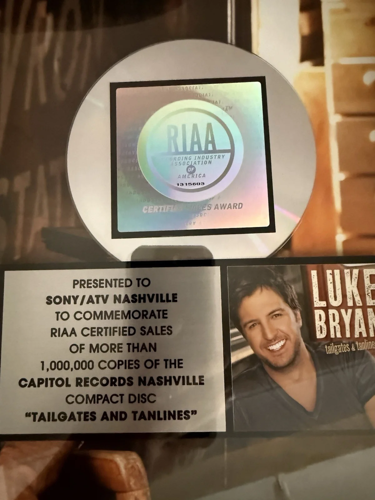 Luke Bryan RIAA Award For ‘Tailgates And Tanlines’ Framed - RARE!, image 4