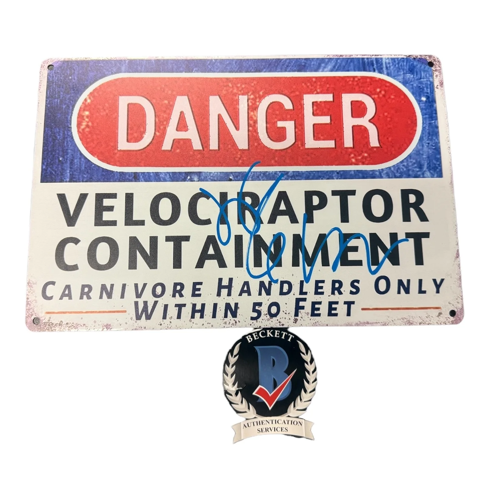 Jeff Goldblum — Jeff Goldblum Signed Auto Jurassic Park Danger Velociraptor Containment Sign BAS