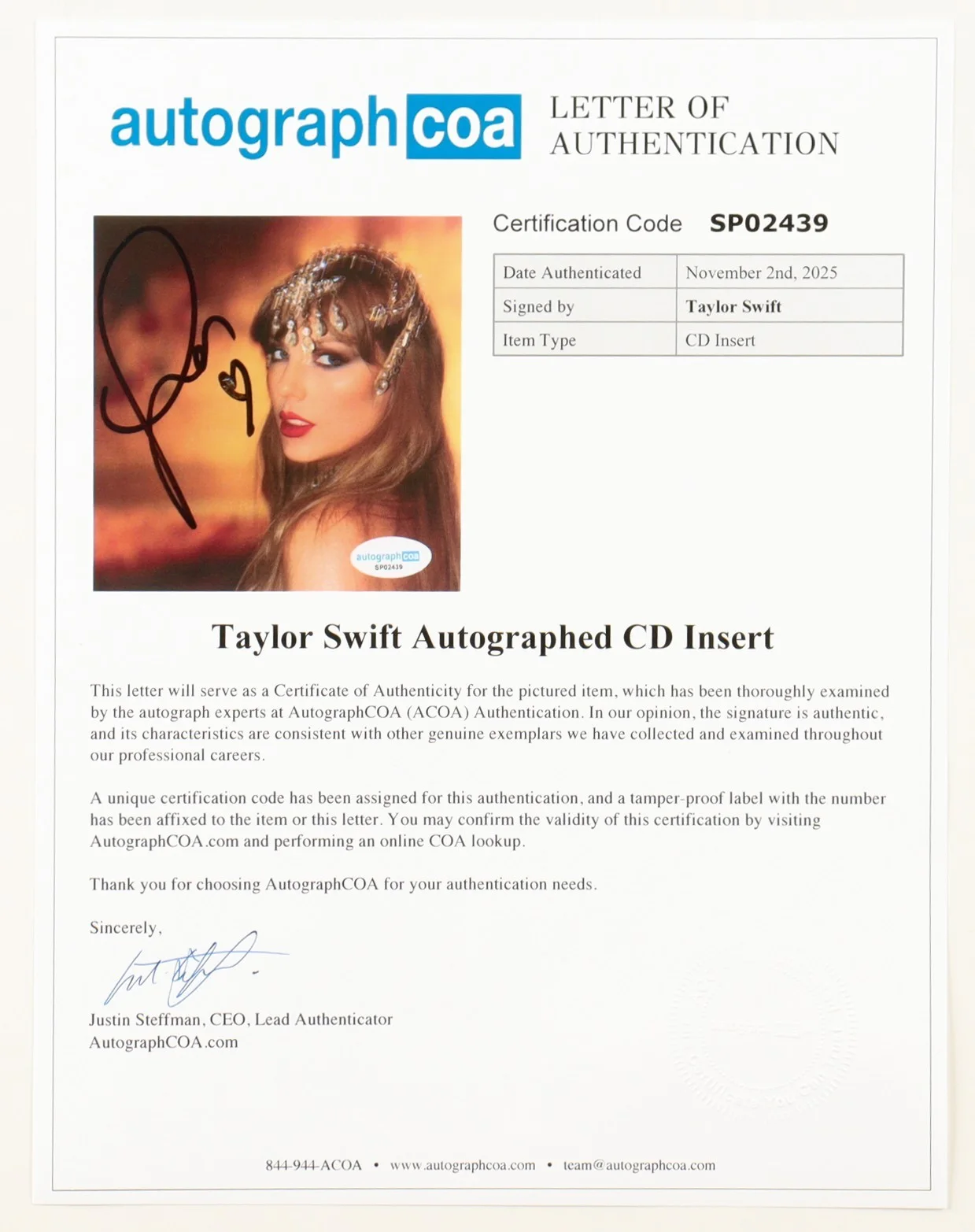 Taylor Swift Signed Custom Framed "The Life of a Showgirl" CD Insert Display, image 3