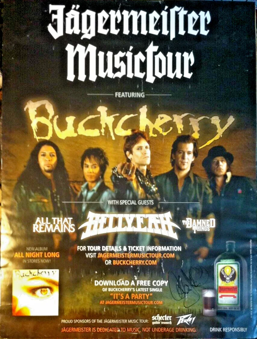 2011 🔥BUCKCHERRY🔥 Jagermeister Music Tour Signed Concert Poster All Night Long, изображение 2