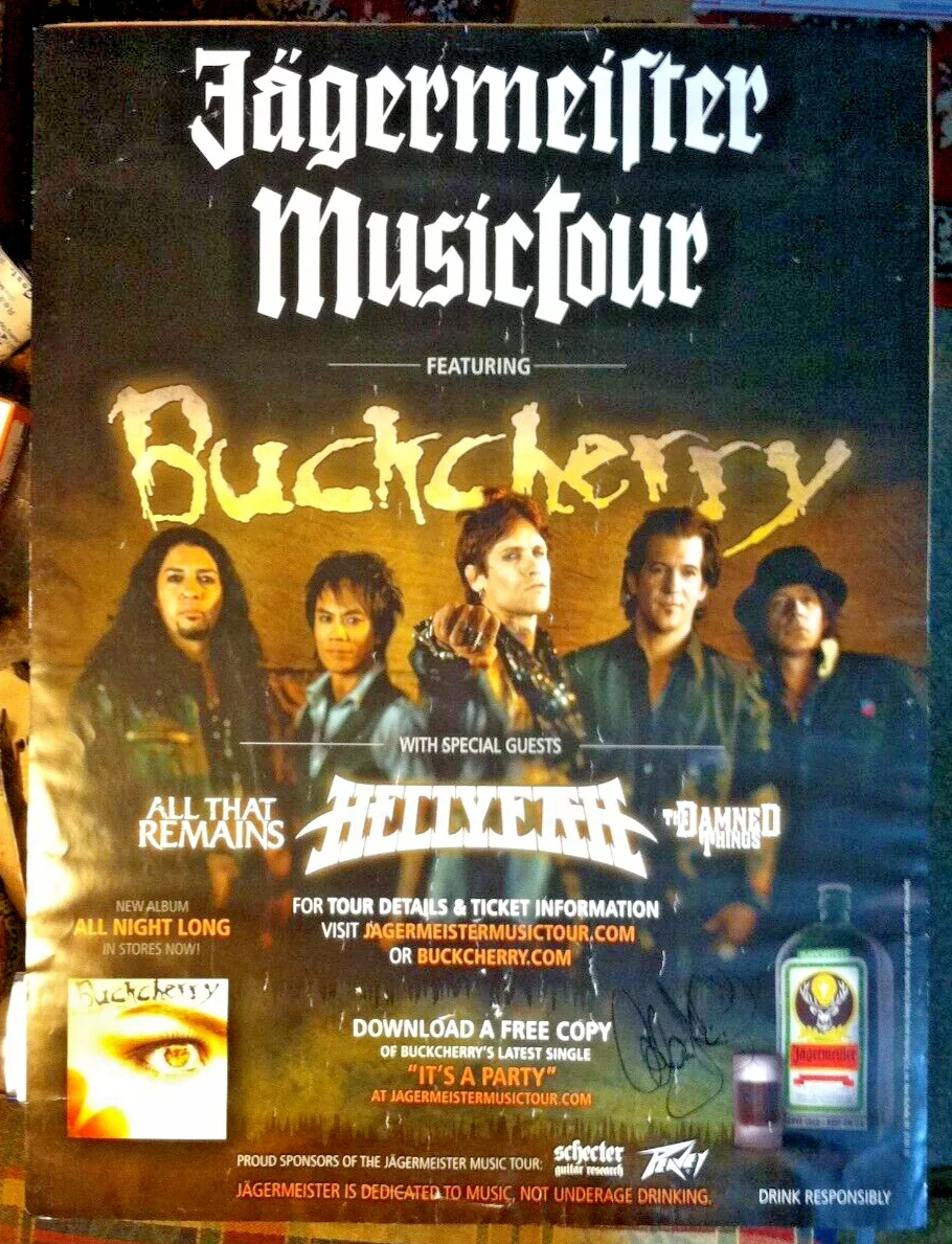 2011 🔥BUCKCHERRY🔥 Jagermeister Music Tour Signed Concert Poster All Night Long, изображение 3