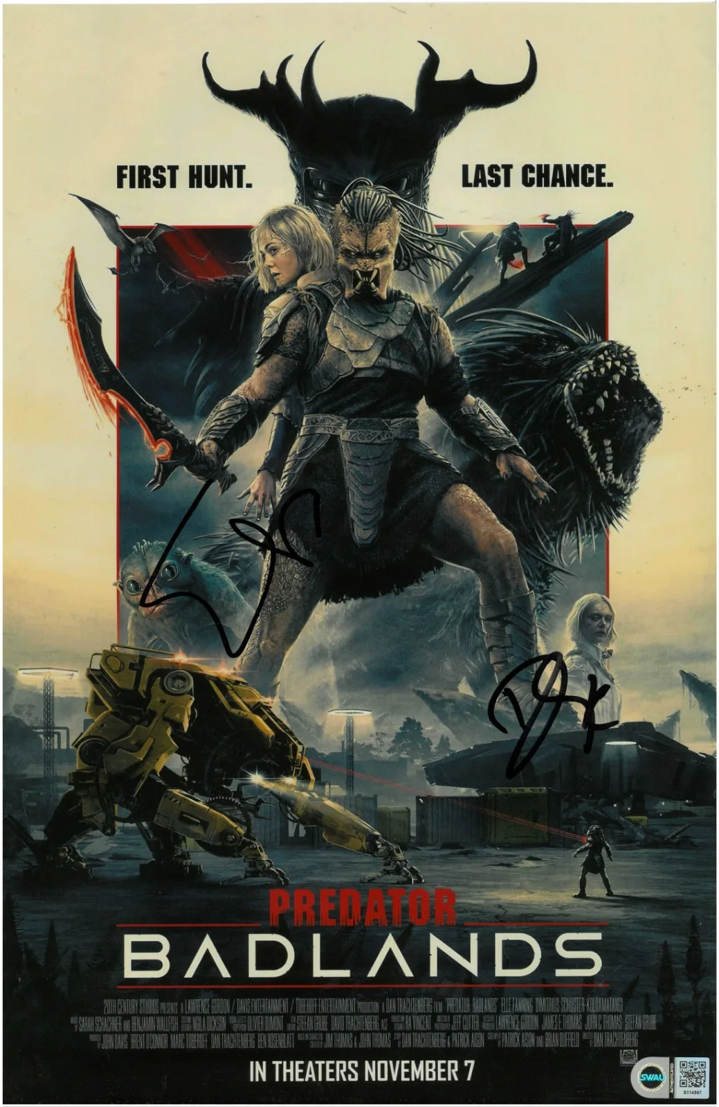 Elle Fanning, Dimitrius Koloamatangi — Elle Fanning Dimitrius Koloamatangi Signed Predator Badlands 11x17 SWAU COA