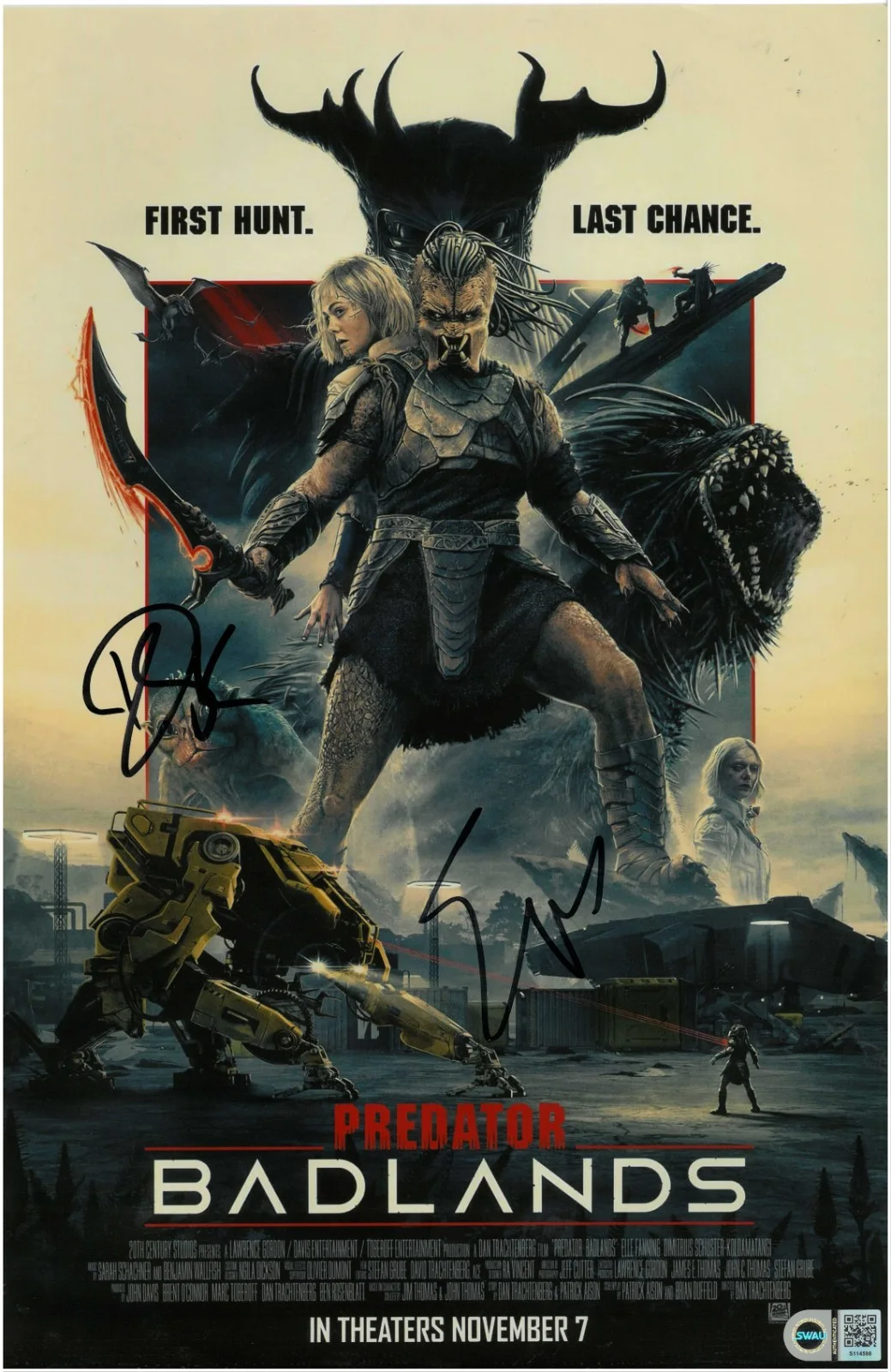 Elle Fanning, Dimitrius Koloamatangi — Elle Fanning Dimitrius Koloamatangi Signed Predator Badlands 11x17 SWAU COA