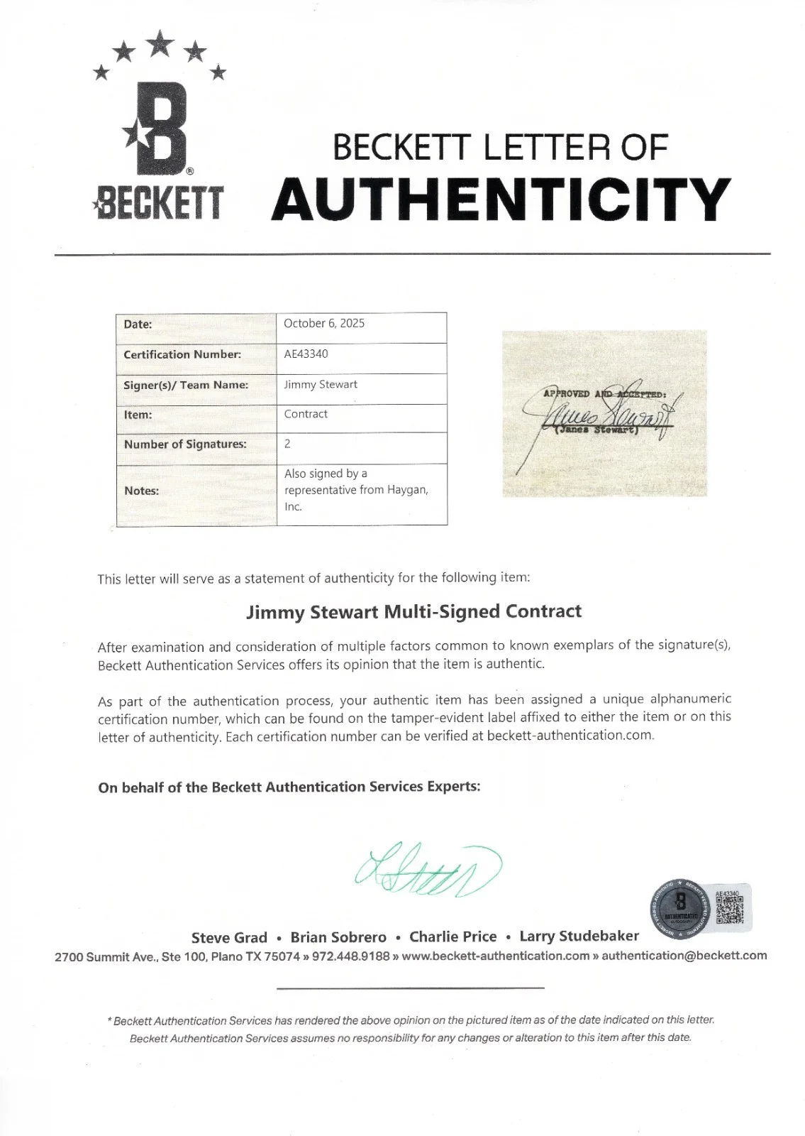 Jimmy Stewart — Jimmy Stewart's Official Signed Contract for Alfred Hitchcock's Rear Window BAS, image 2