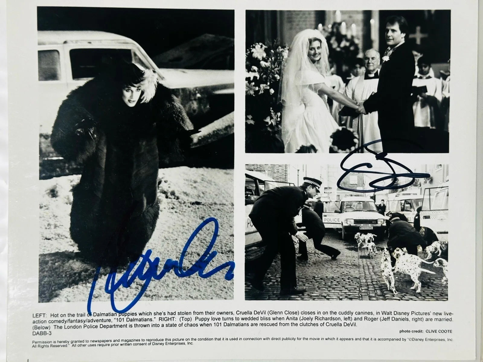 Glenn Close & Jeff Daniels — Glenn Close & Jeff Daniels signed 101 Dalmatians Cruella 8x10 Original photo.