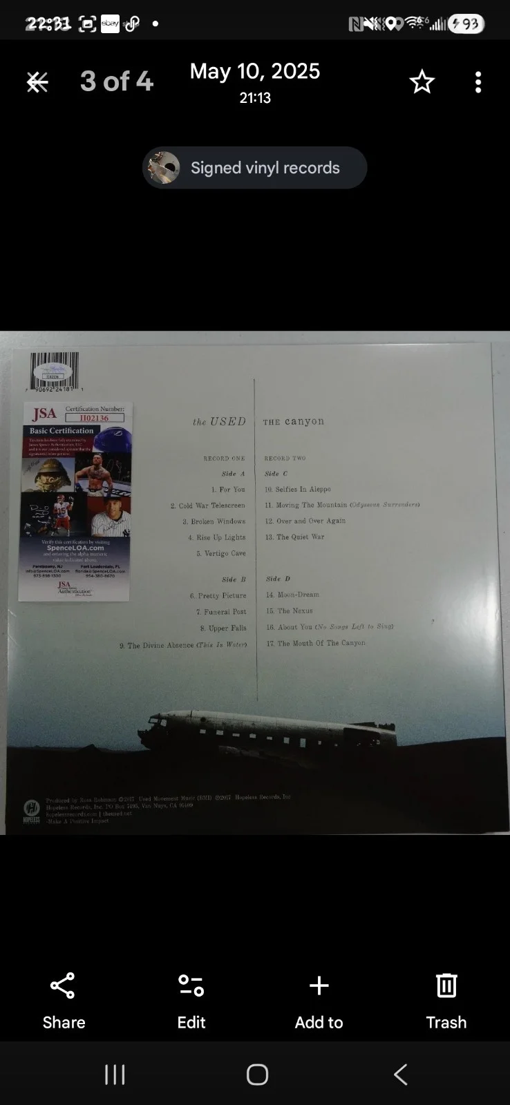 SIGNED THE USED Band Canyon 12" DOUBLE LP CERTIFIED AUTHENTIC JSA COA # II02136, изображение 2