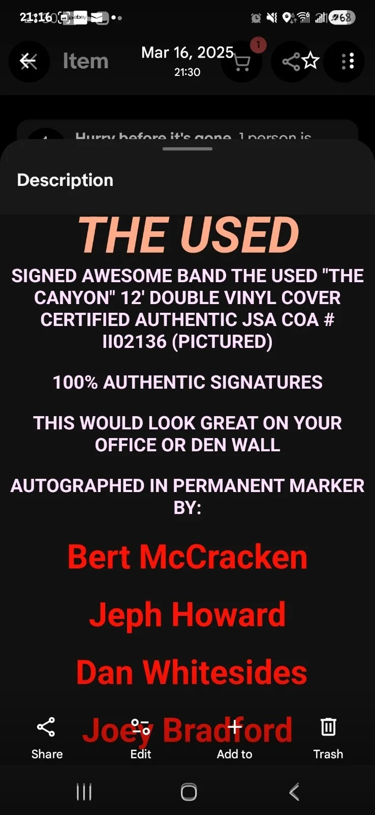 SIGNED THE USED Band Canyon 12" DOUBLE LP CERTIFIED AUTHENTIC JSA COA # II02136, изображение 4