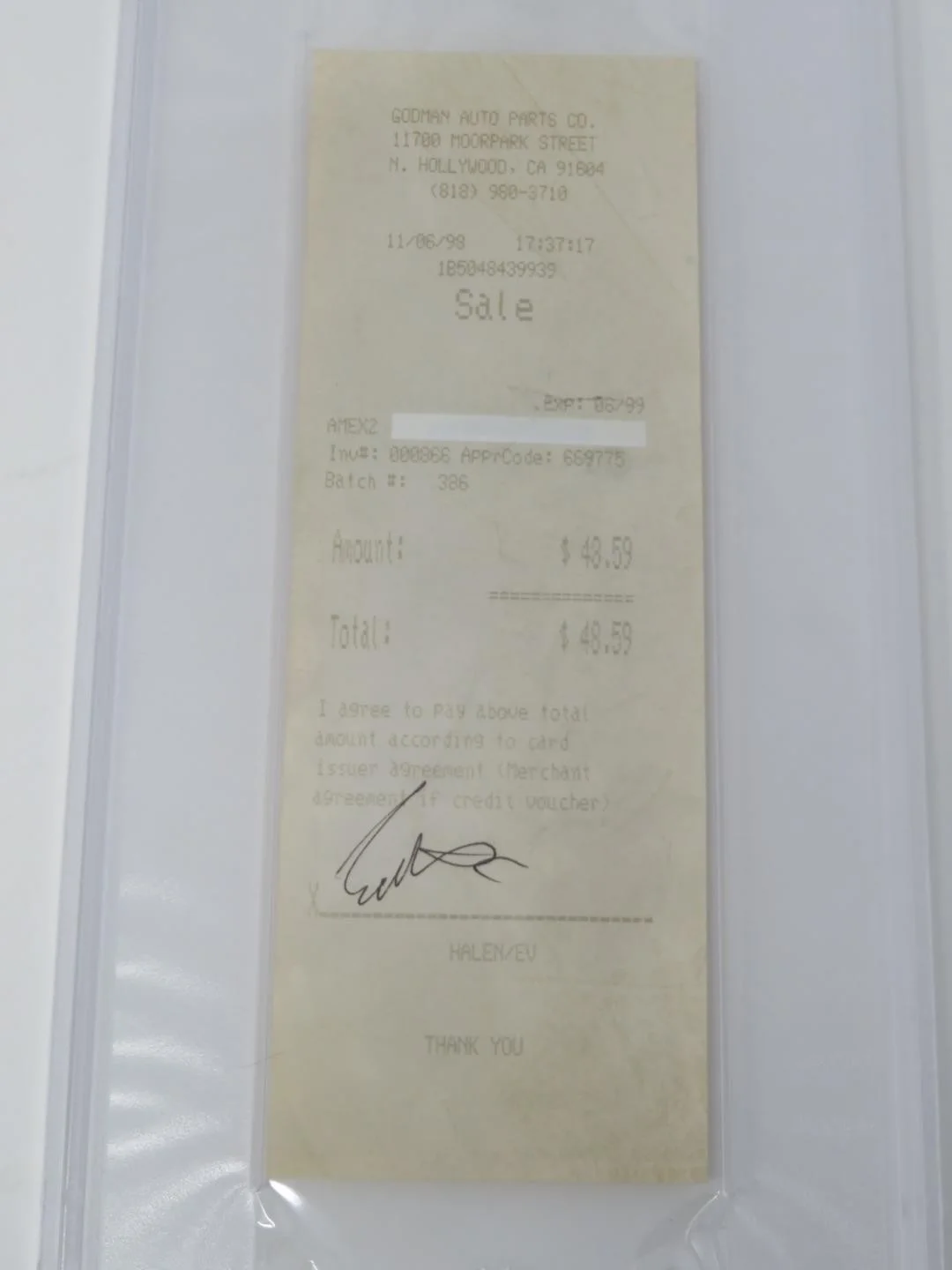 Eddie Van Halen VAN HALEN Signed Autograph Auto 1999 CC Receipt Slab PSA JSA, изображение 3