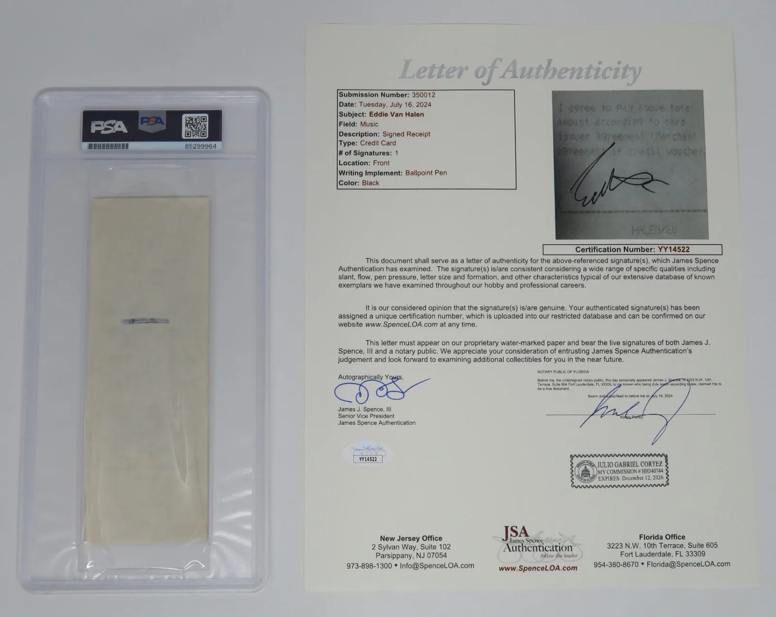 Eddie Van Halen VAN HALEN Signed Autograph Auto 1999 CC Receipt Slab PSA JSA, изображение 5