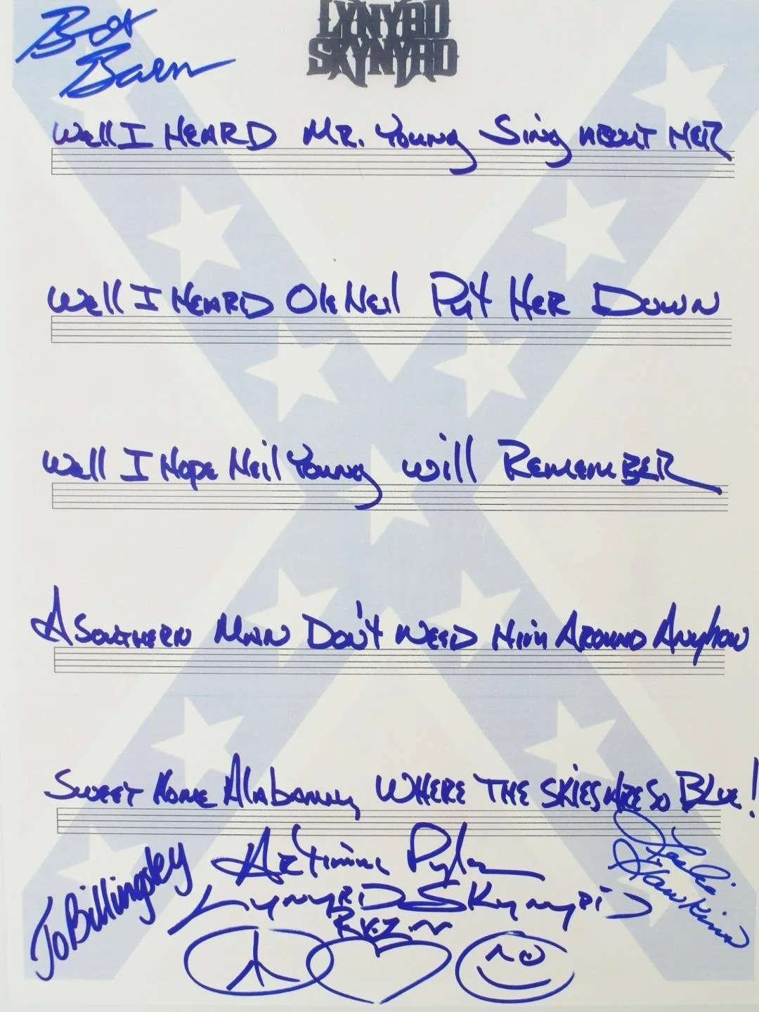 LYNYRD SKYNYRD Signed Autograph "Sweet Home Alabama" Handwritten Lyrics by 4 JSA, изображение 2