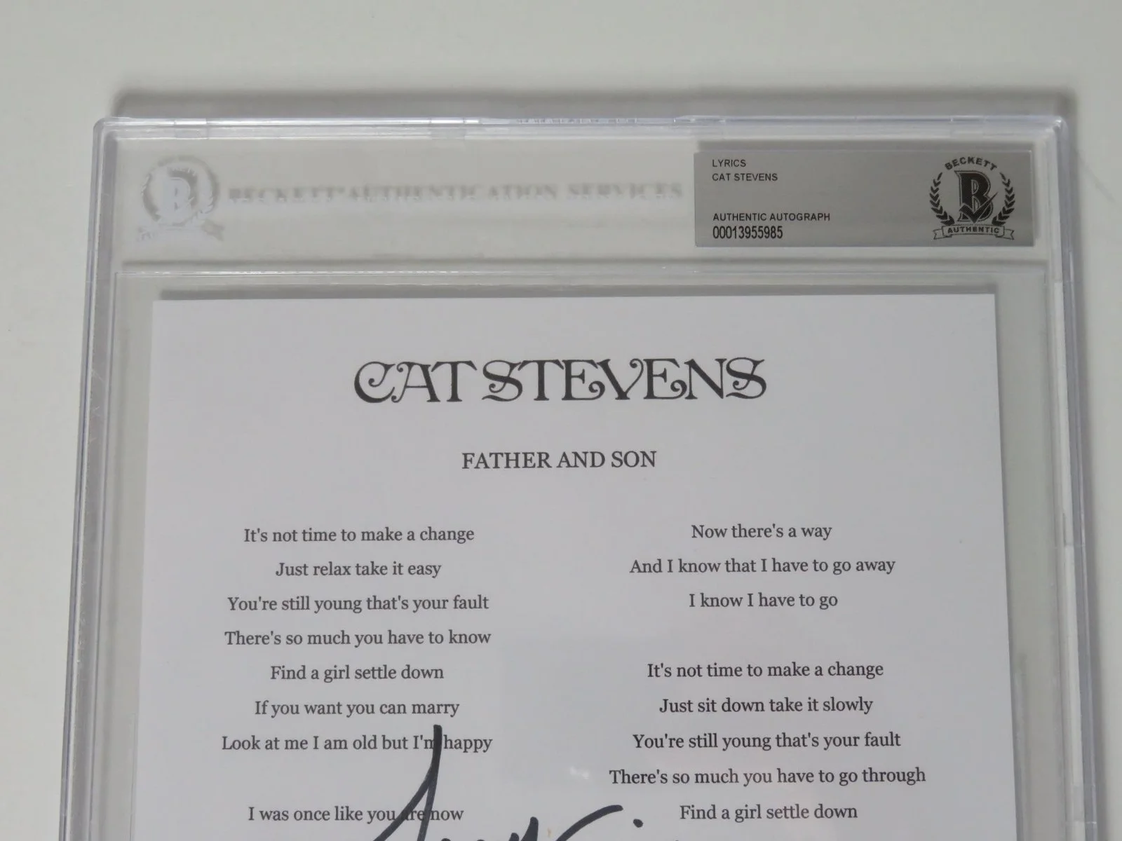 CAT STEVENS Signed Autograph Auto "Father & Son" Lyric Sheet Music Slab BAS JSA, image 3