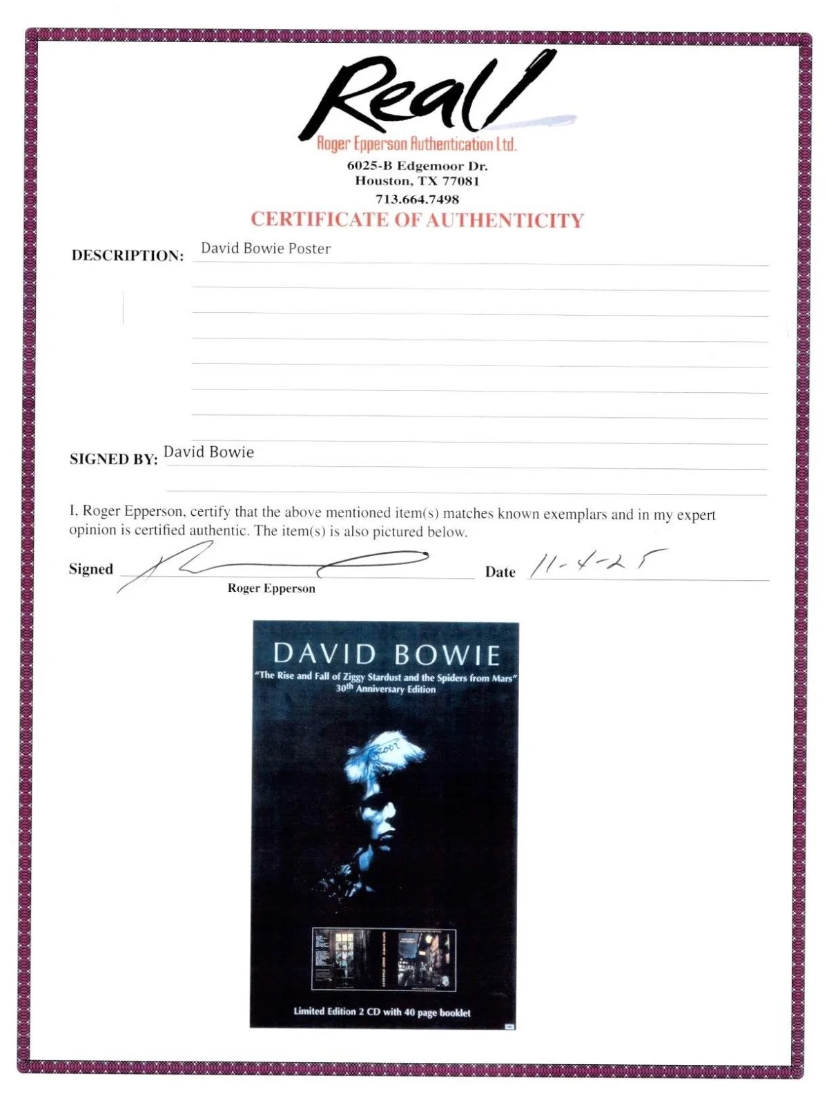 DAVID BOWIE -SIGNED Ziggy Stardust 30th Anniversary POSTER Roger Epperson COA, image 3