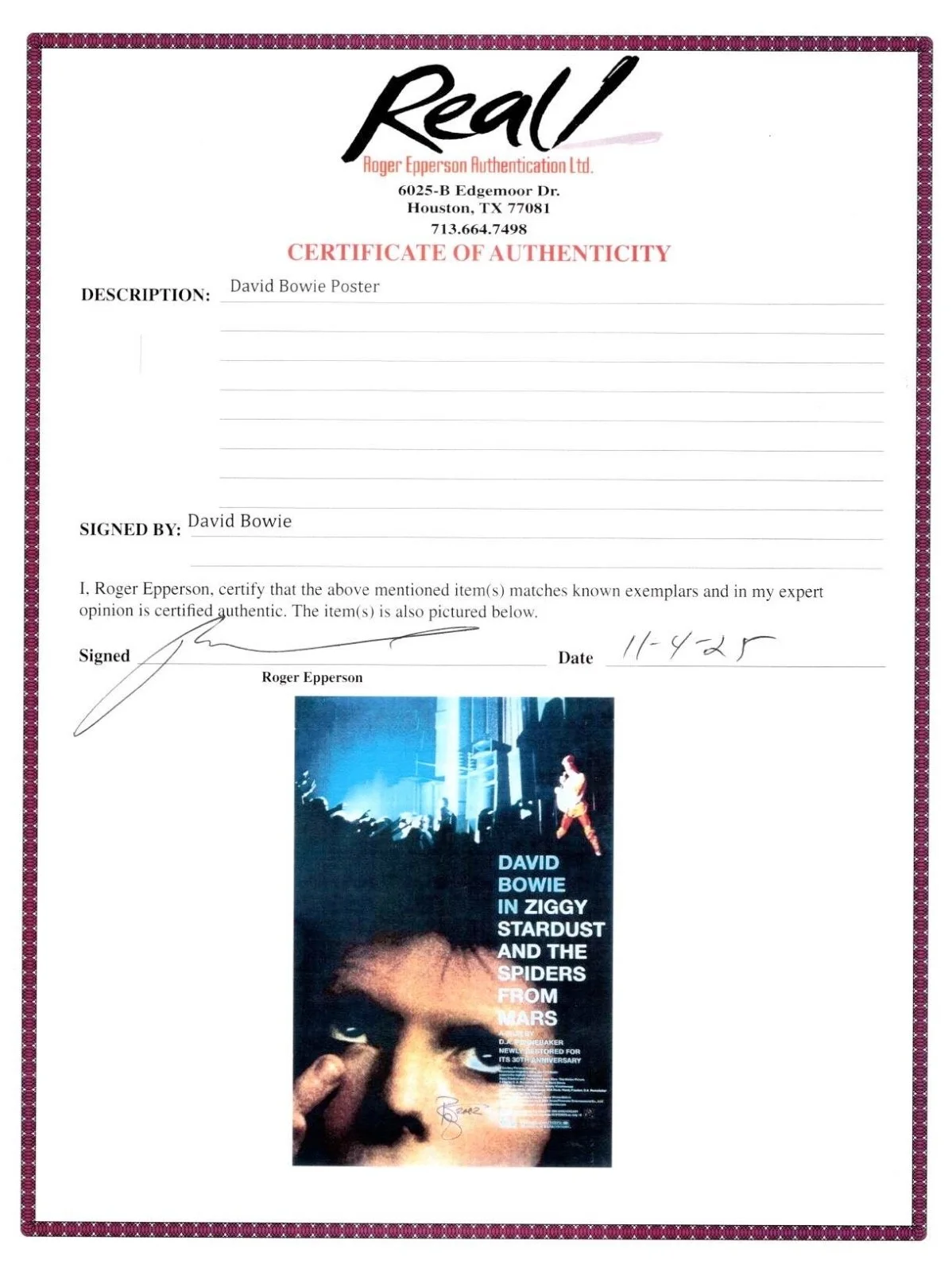 DAVID BOWIE - SIGNED 2002 Ziggy Stardust FILM POSTER w/Roger Epperson COA, image 3
