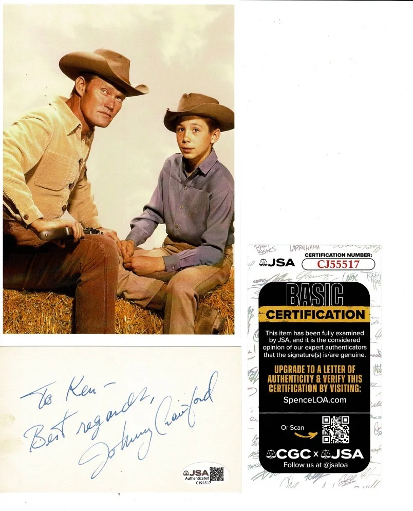 JOHNNY CRAWFORD — JOHNNY CRAWFORD (1946-2021) SIGNED 3x5 INDEX CARD & PHOTO "THE RIFLEMAN" JSA COA