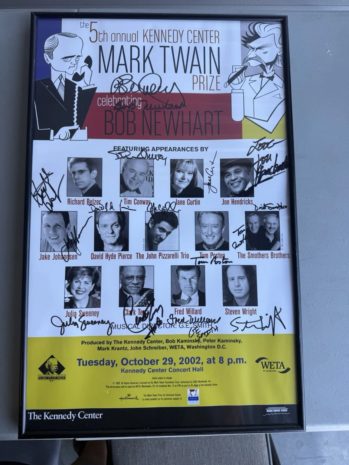 Bob Newhart Signed Mark Twain Prize Poster (2002) + Artist Pass – Kennedy Center, image 2