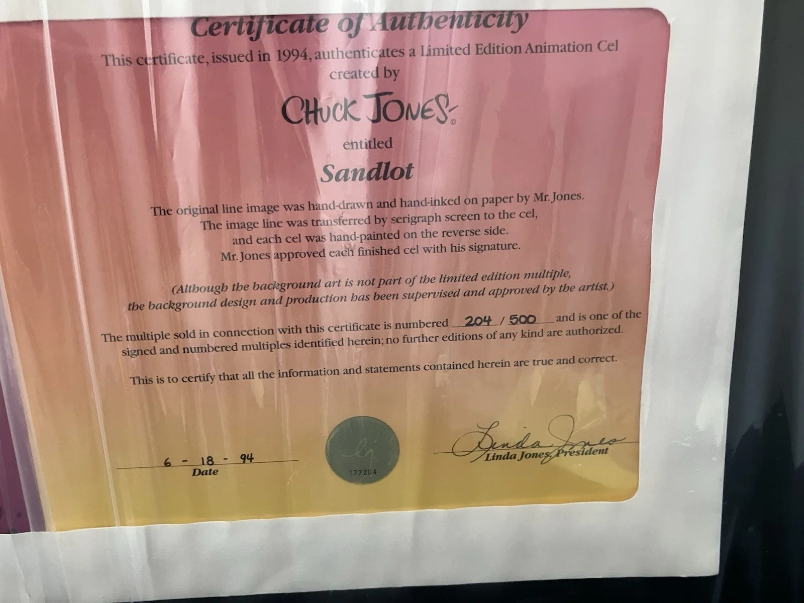 Chuck Jones “Sandlot” Hand Signed Limited Edition; Certificate of Authenticity, изображение 2