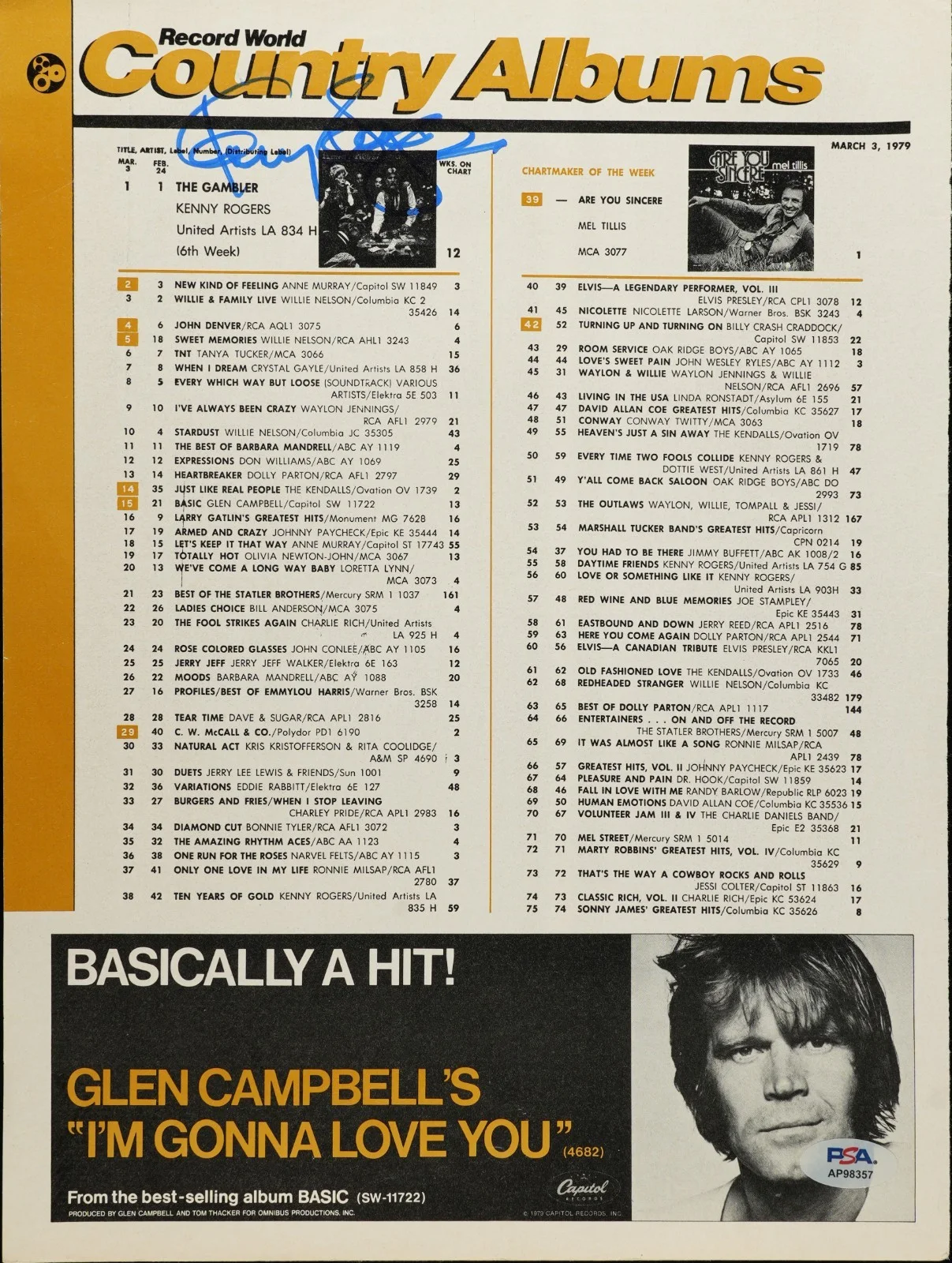 Kenny Rogers — KENNY ROGERS SIGNED AUTOGRAPH 11X14 MAGAZINE BILLBOARD RECORD WORLD PAGE PSA