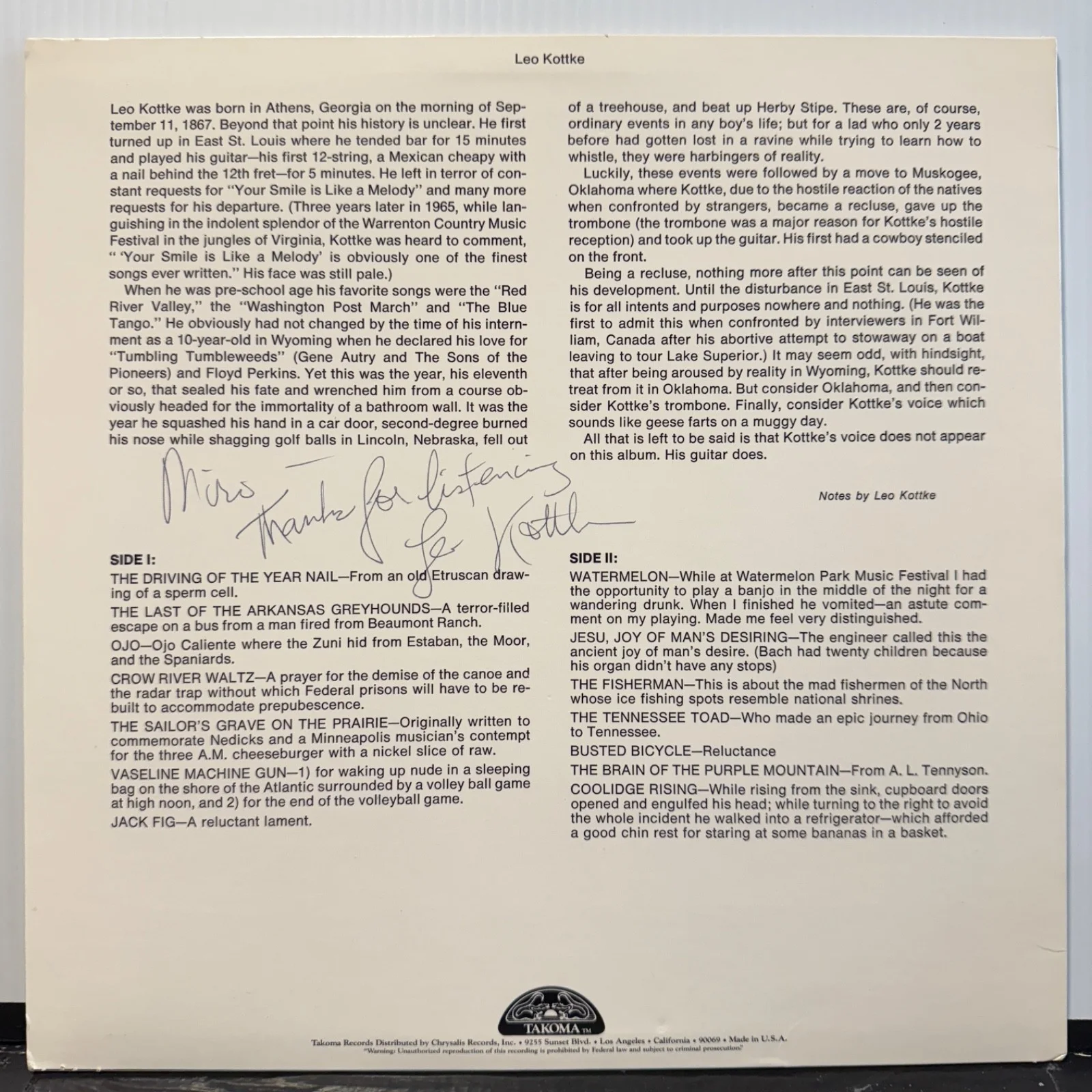 LEO KOTTKE "Greenhouse" AUTOGRAPHED ON COVER CapitolSN-16065 vinyl reissue NM/NM, изображение 2