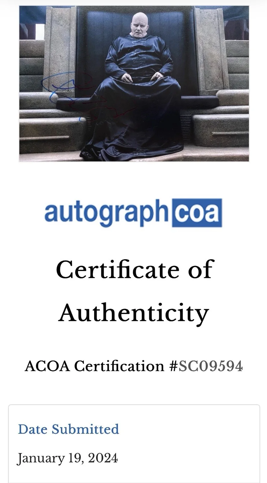 Stellan Skarsgard Signed Photo 8x12 ACOA Baron Dune, image 2