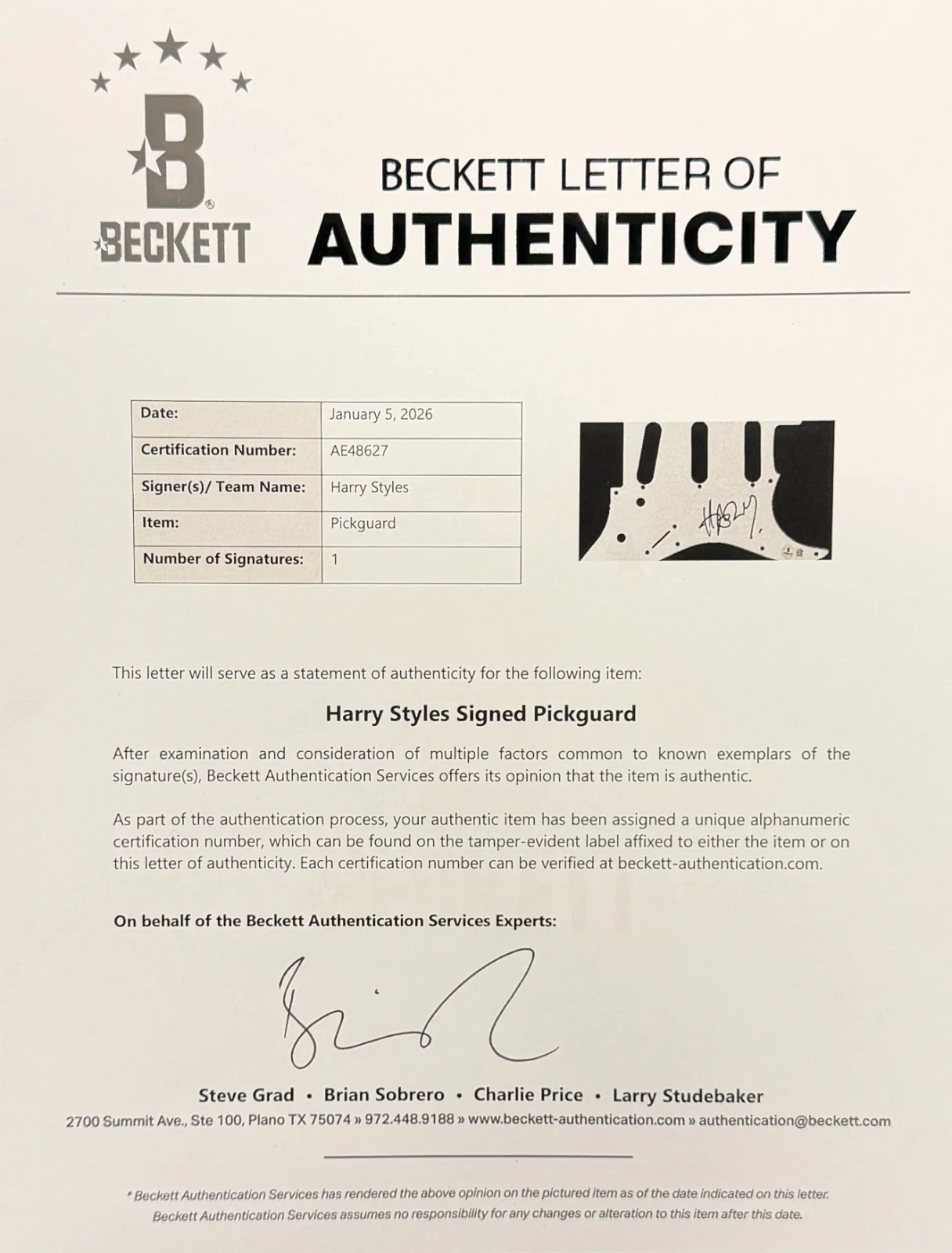 Harry Styles Signed Fender Full Size Electric Guitar Autograph Beckett LOA, изображение 2