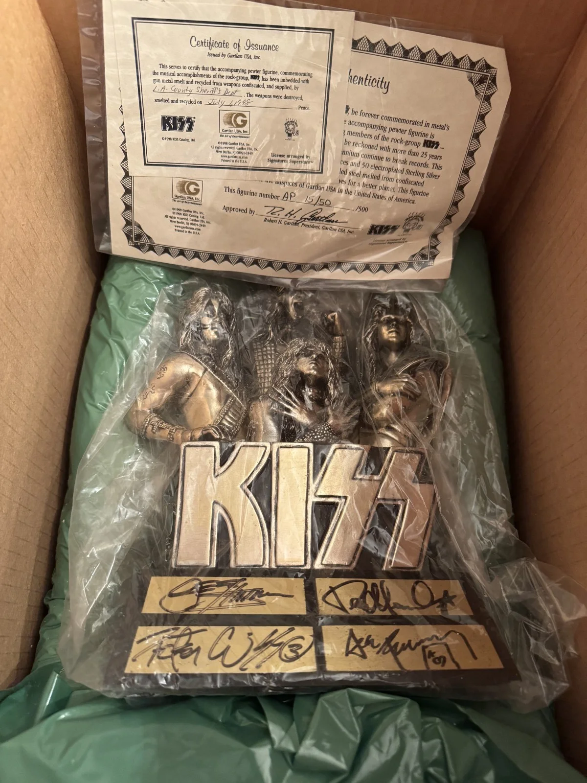 Peter Criss, Gene Simmons, Ace Frehley, Paul Stanley — RARE KISS ORIGINAL MEMBERS 1998 GARTLAN SIGNED STATUE A/P Sterling Silver Pewter, image 3