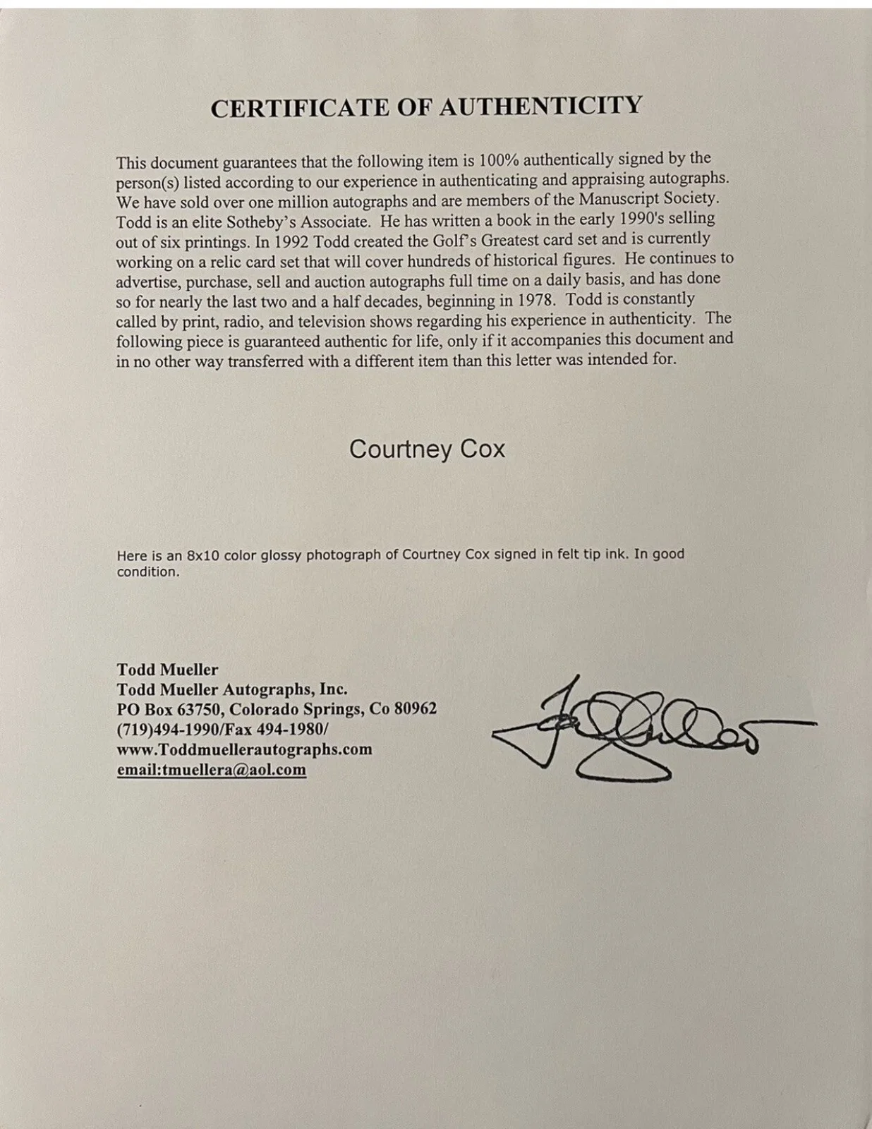 Courtney Cox — Courtney Cox Signed Photo with Mueller COA Friends Scream Cougar Dirt Autograph, изображение 2