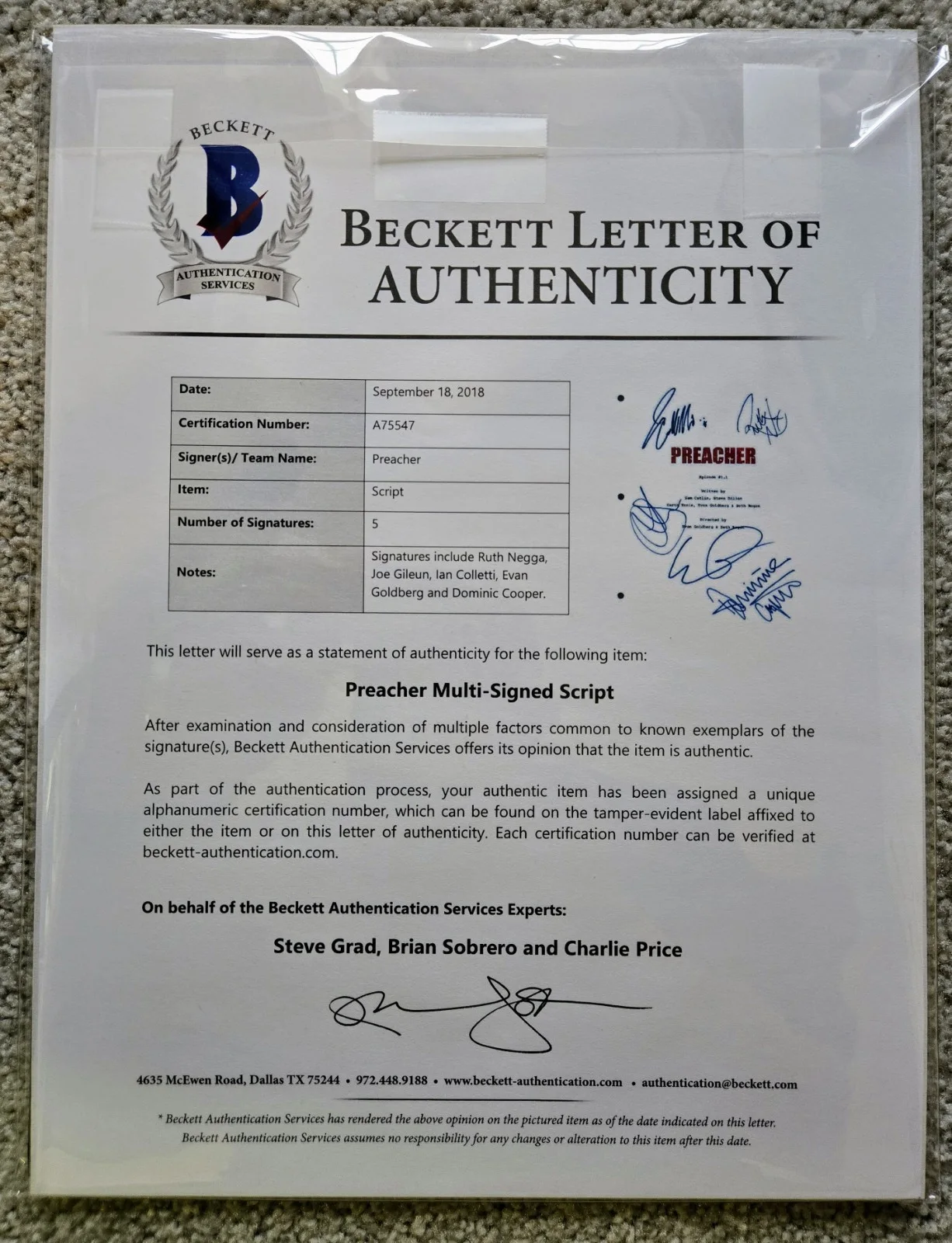 PREACHER AMC TV Pilot Script Cast Signed x5 Beckett Authenticated Signatures, image 2