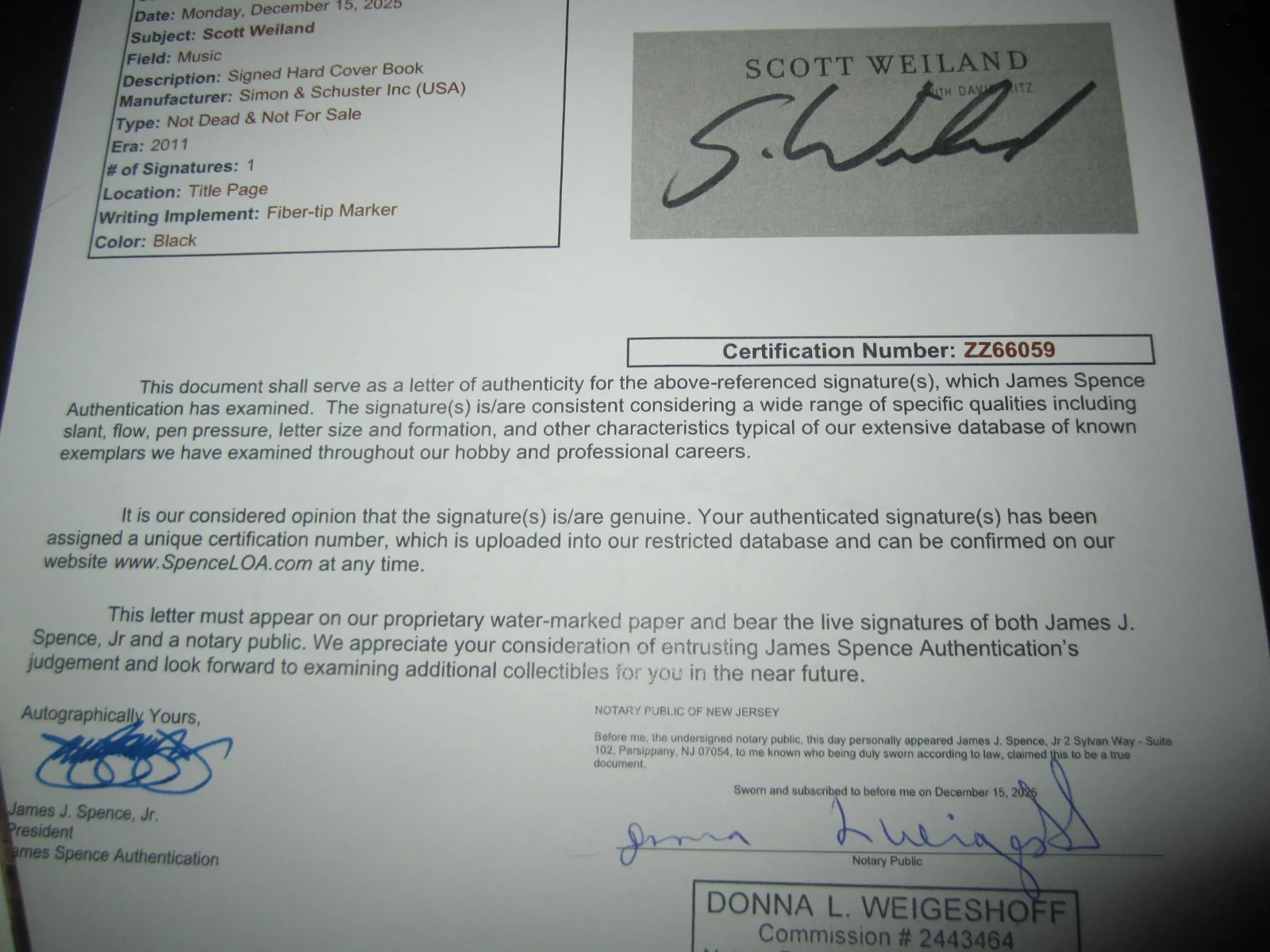 Scott Weiland SIGNED JSA Book Not Dead and Not for Sale Stone Temple Pilots, image 4