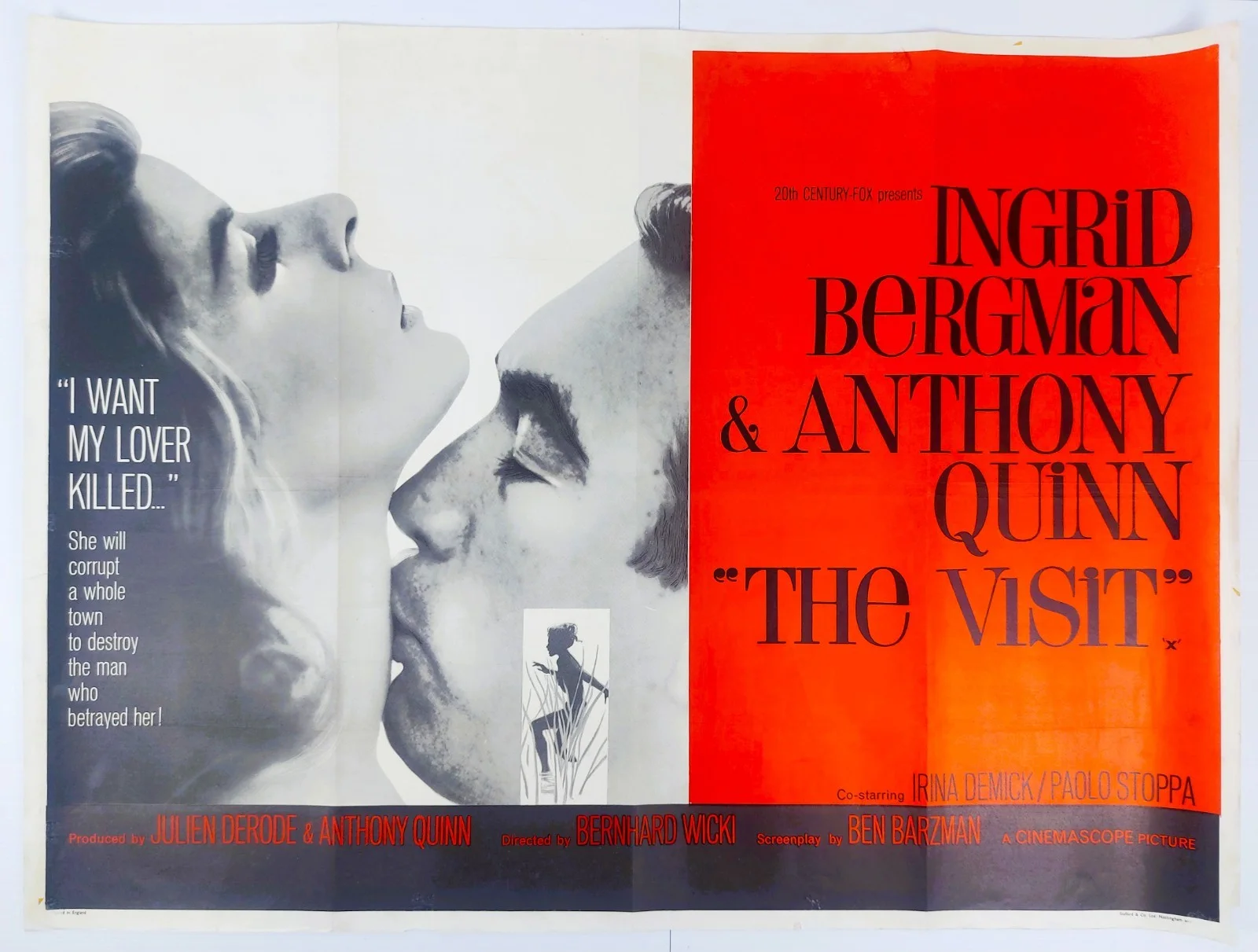THE VISIT ORIGINAL UK QUAD MOVIE POSTER 1964 INGRID BERGMAN, изображение 2
