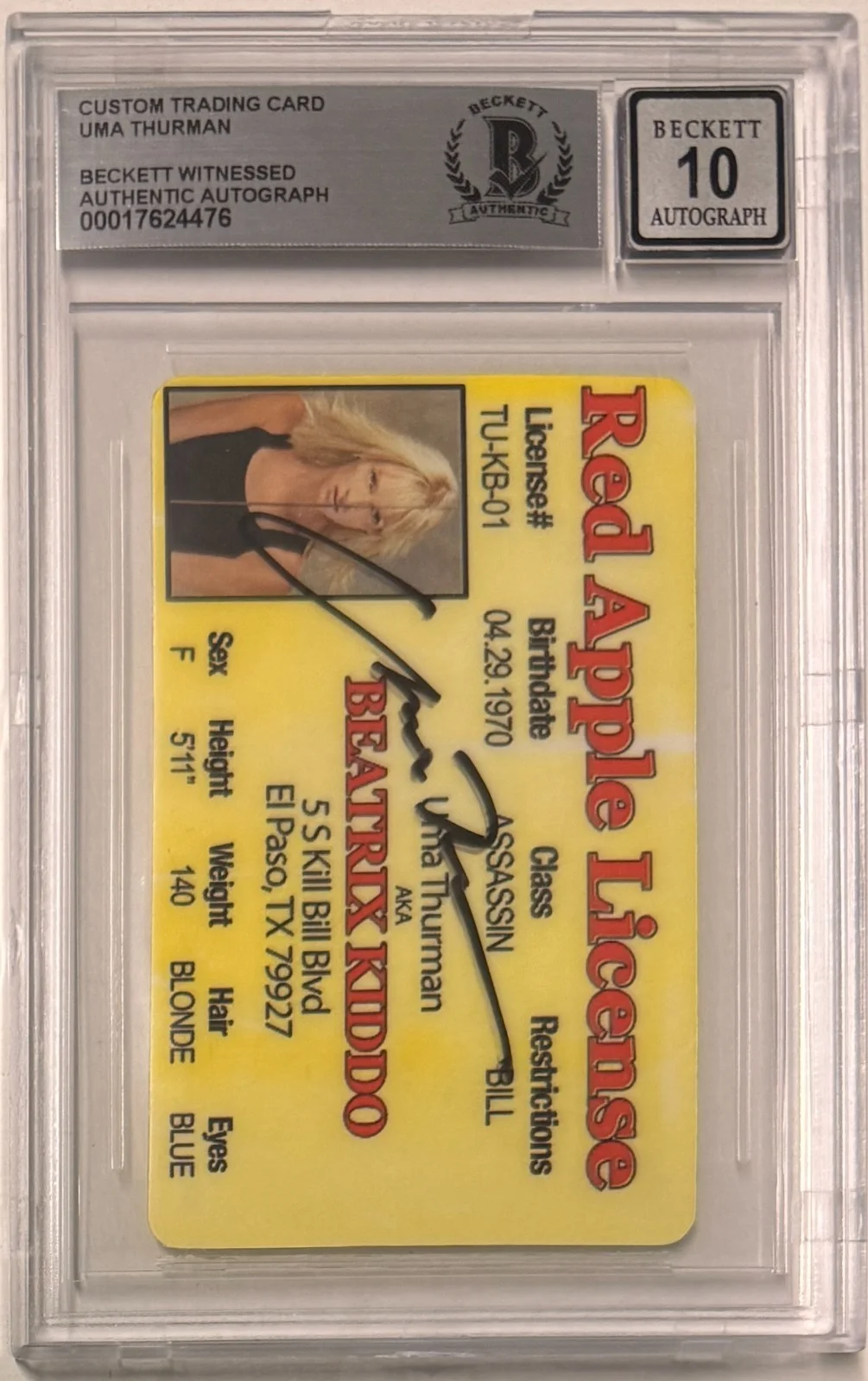 Uma Thurman — Uma Thurman Signed Red Apple License Custom Trading Card Beckett Witness AUTO 10