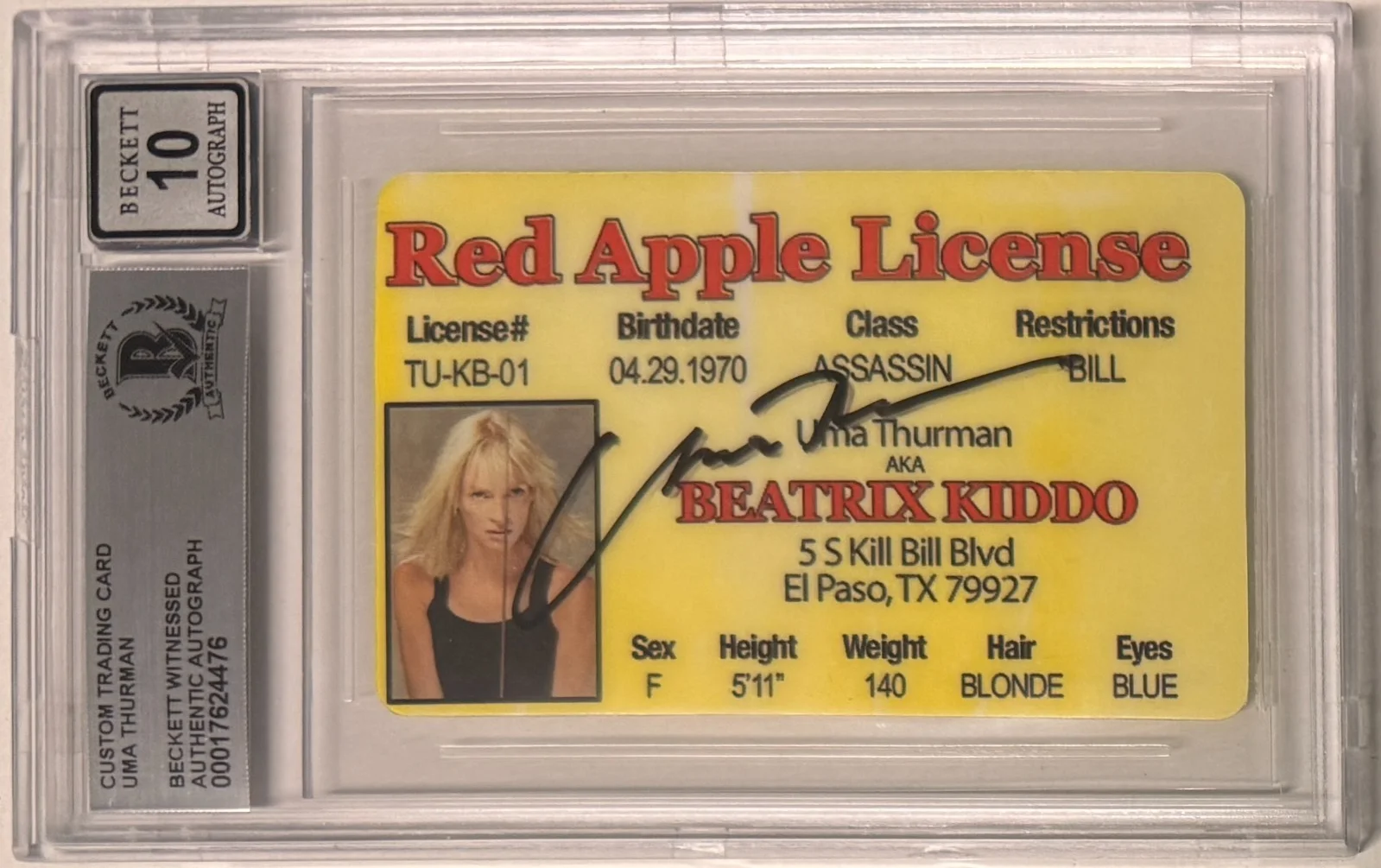 Uma Thurman — Uma Thurman Signed Red Apple License Custom Trading Card Beckett Witness AUTO 10, image 2
