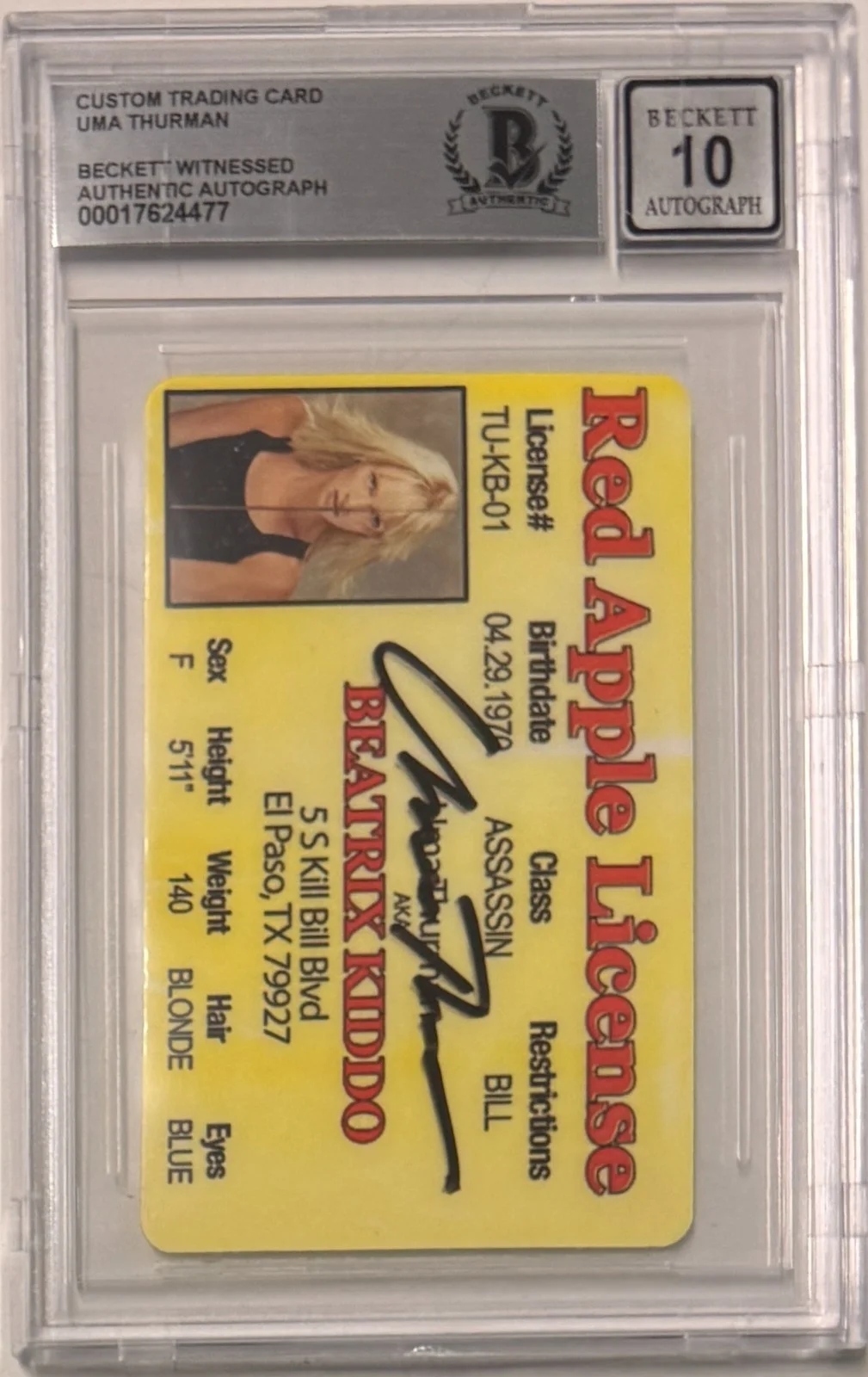 Uma Thurman — Uma Thurman Signed Red Apple License Custom Trading Card Beckett Witness AUTO 10, image 3