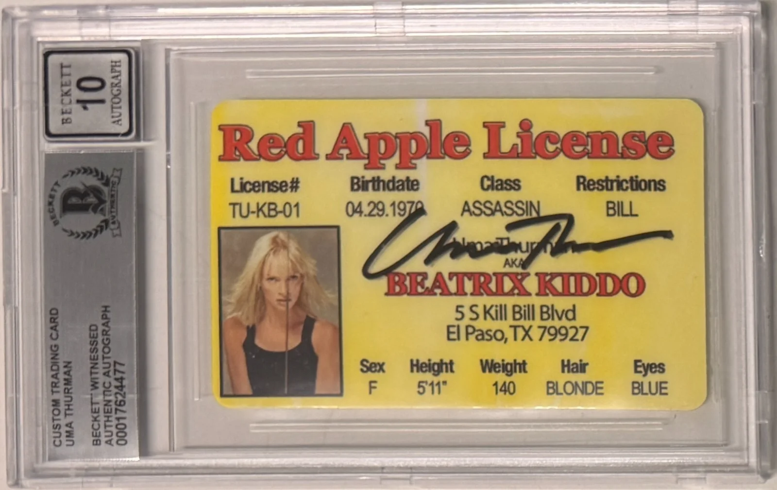 Uma Thurman — Uma Thurman Signed Red Apple License Custom Trading Card Beckett Witness AUTO 10, image 4